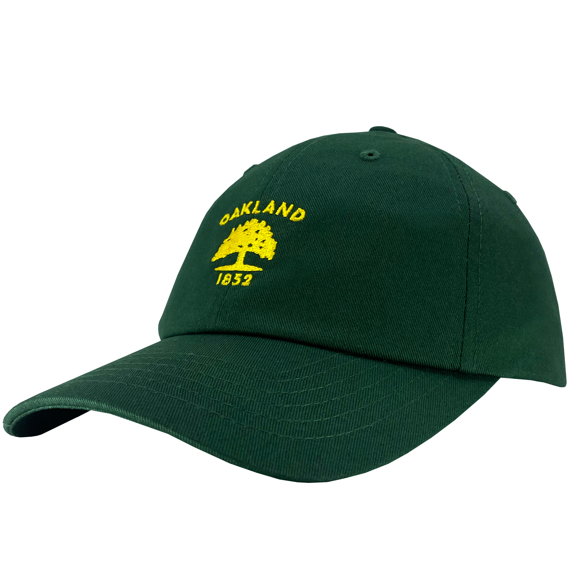 The Oaklandish "Oakland Flag Dad Hat" is a dark green cap adorned with yellow embroidery on the front. The design features the text "OAKLAND" in an arch above an illustrated tree, reminiscent of the Oakland flag, with "1852" below. The hat has a curved brim and an adjustable strap at the back.