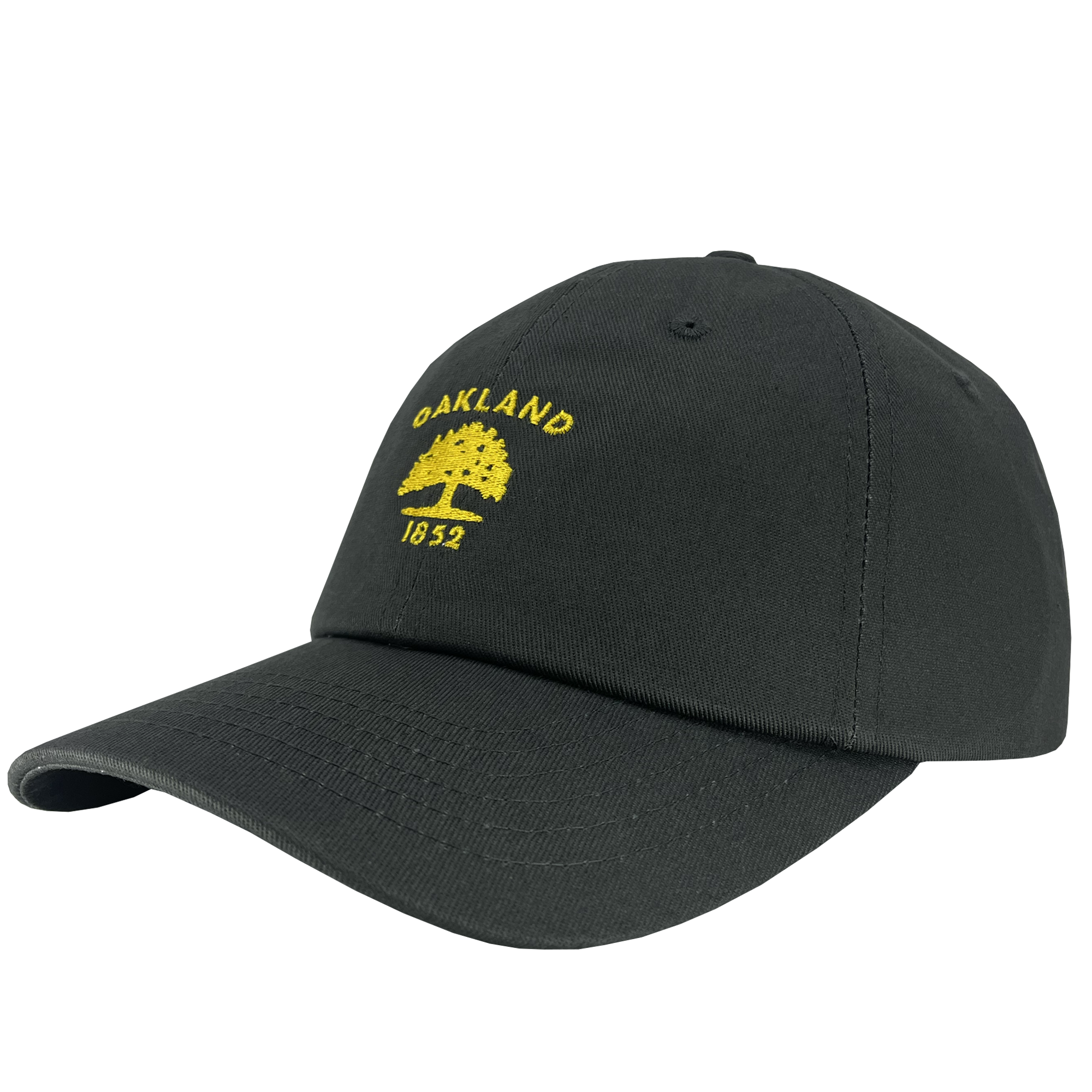 Side view of dark grey cotton dad hat with yellow embroidered Oakland Flag 1832 logo on the crown. 
