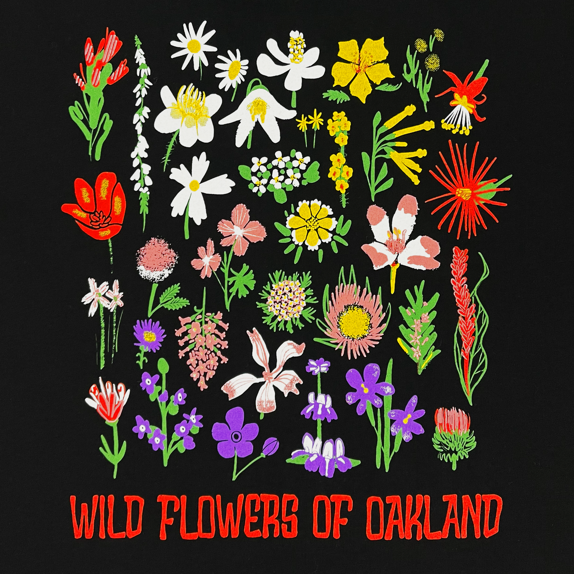 Detailed close-up of graphic depicting colorful wildflowers with a red WILD FLOWERS OF OAKLAND wordmark on a black t-shirt.