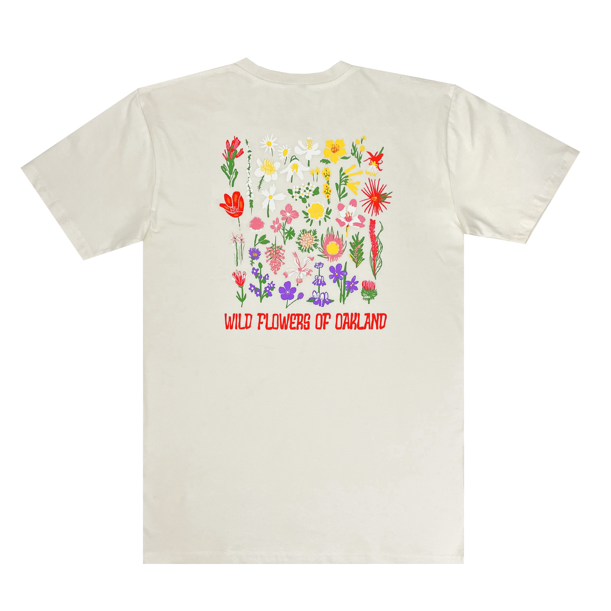 Back view of a natural cotton-color t-shirt with a graphic depicting various flowers captioned WILD FLOWERS OF OAKLAND.