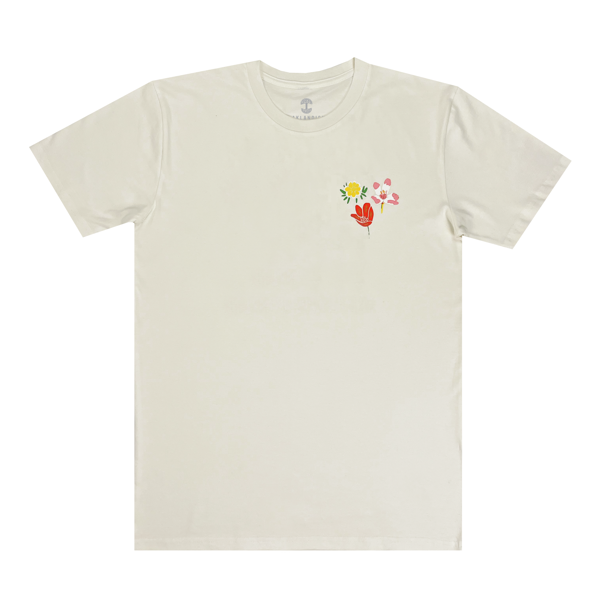 Front view of natural cotton-colored t-shirt with a small graphic of Oakland Wildflowers on the left chest.