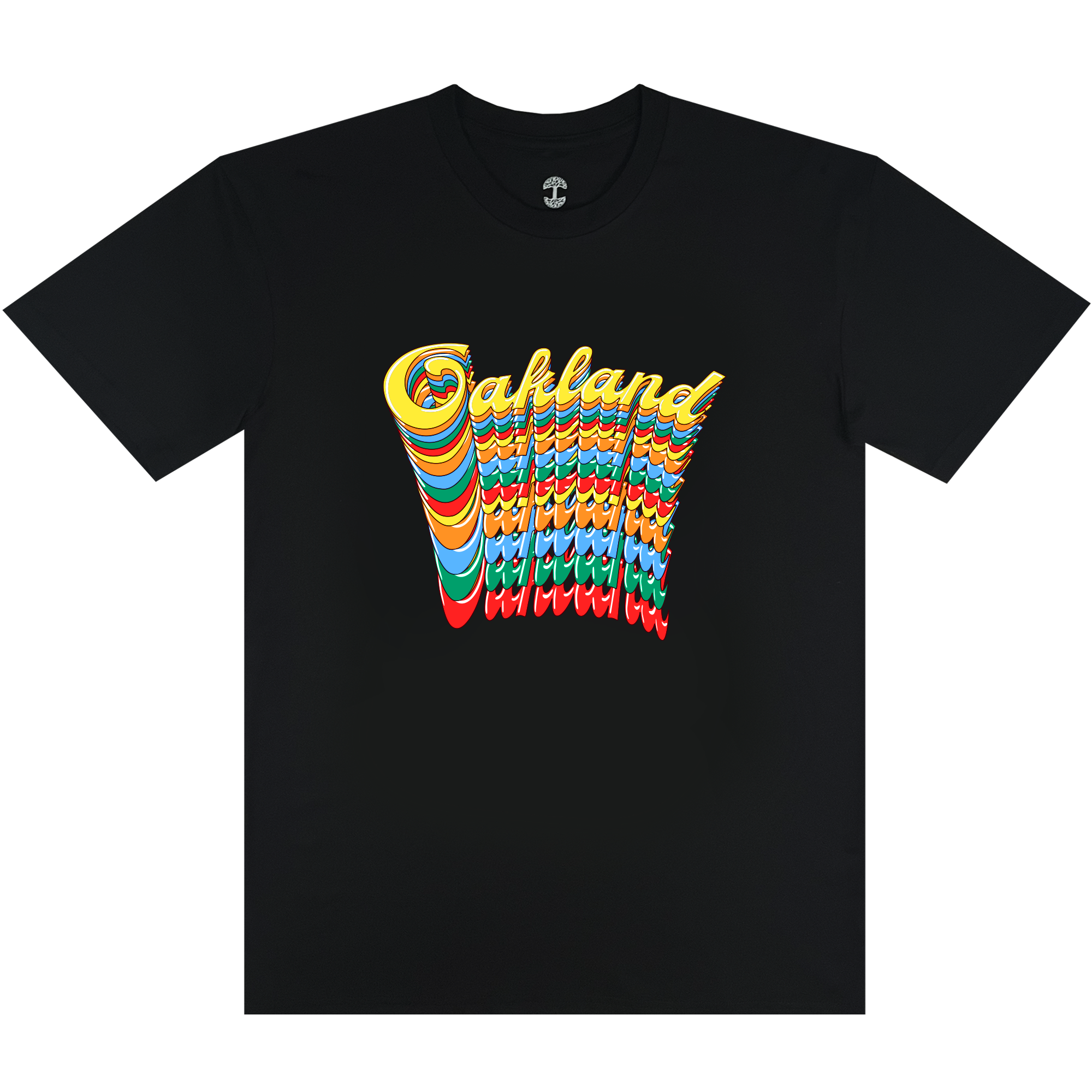 Black t-shirt with Oakland wordmark in script on repeat in rainbow color on front chest.