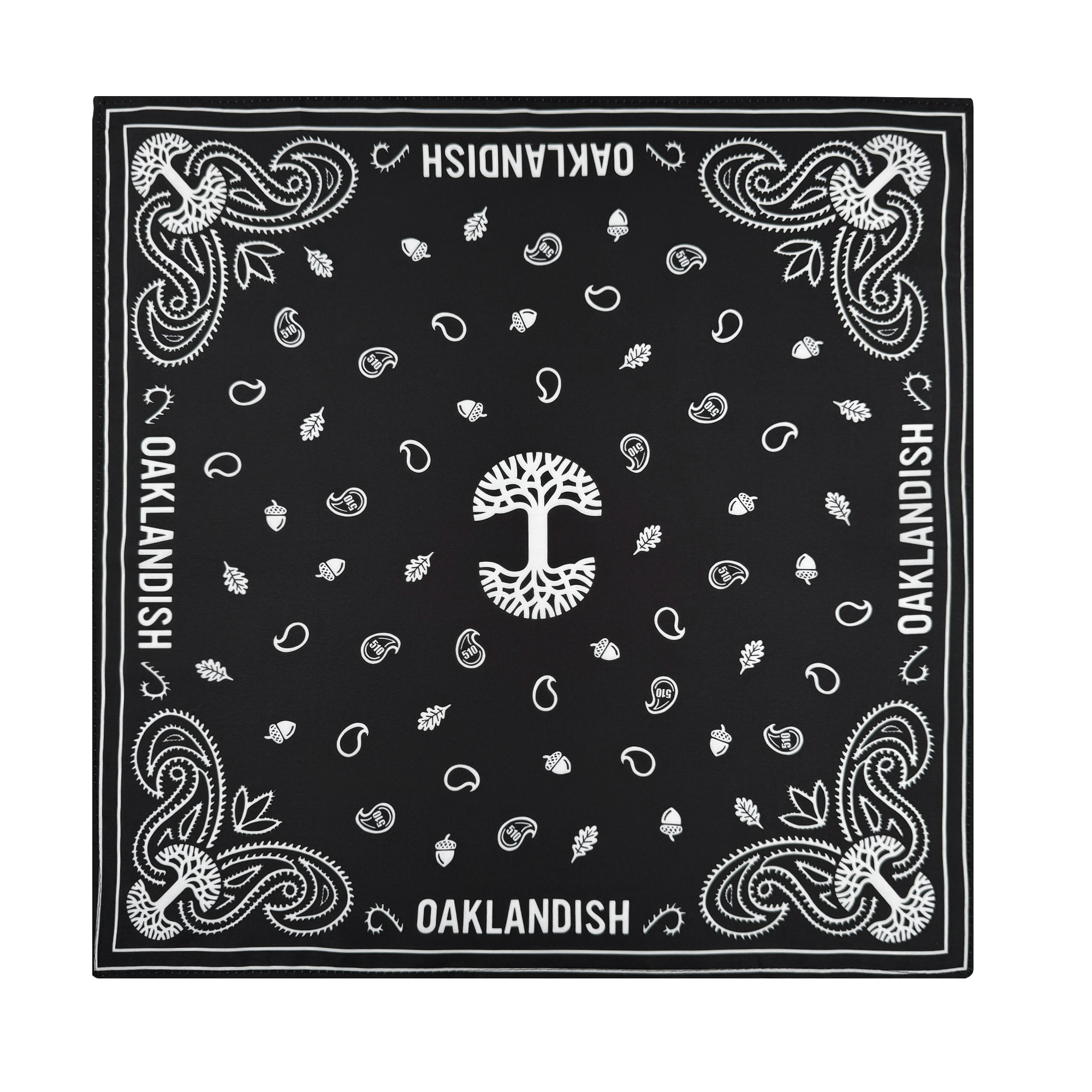 The Oaklandish Bandana by Oaklandish is a black and white polyester accessory featuring a central white tree, acorns, leaves, paisley details, and bold "OAKLANDISH" text along the edges—a stylish standout piece.