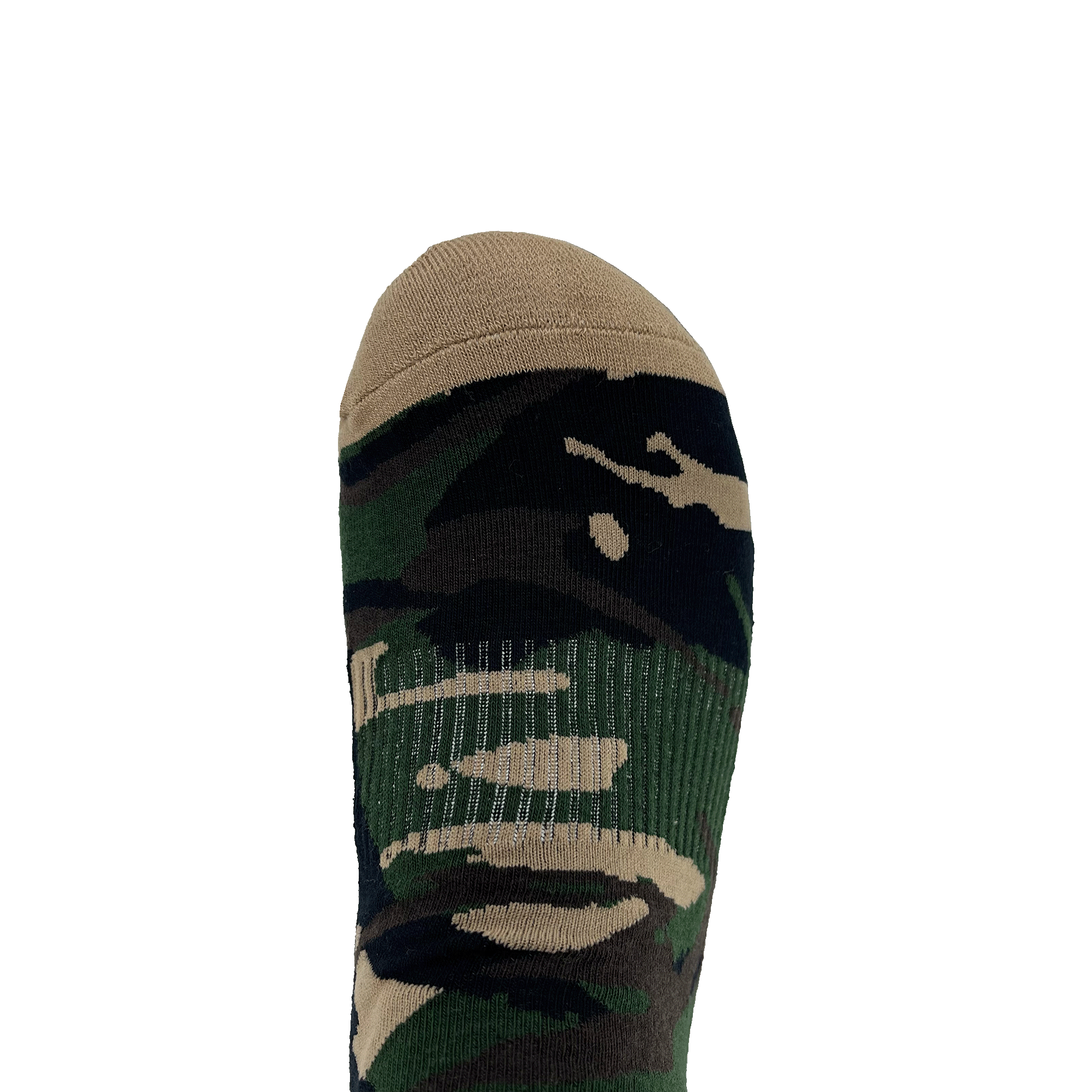 Close-up of the toe of a camo Oaklandish crew sock.