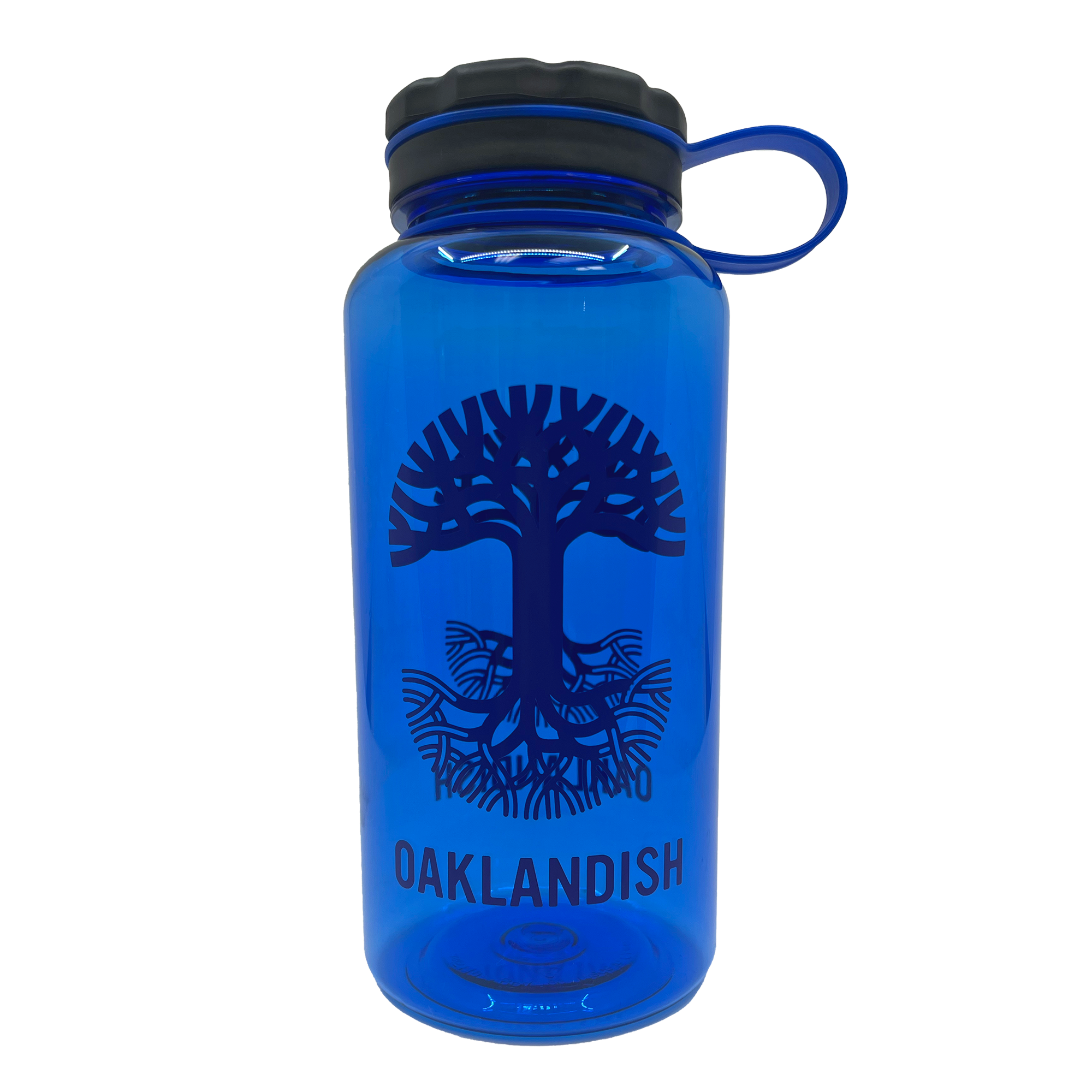  Wide mouth, screw top 32oz Nalgene water bottle with Oaklandish Logo in royal blue.
