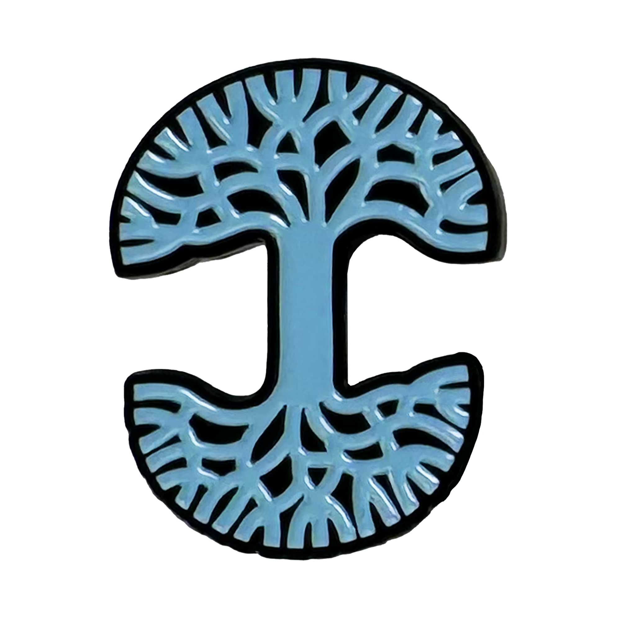 The Oaklandish Logo Enamel Pin by Oaklandish features a stylized blue tree shaped like a capital "I," with mirrored branches and a thick trunk, outlined in black on white—making it the perfect accessory.