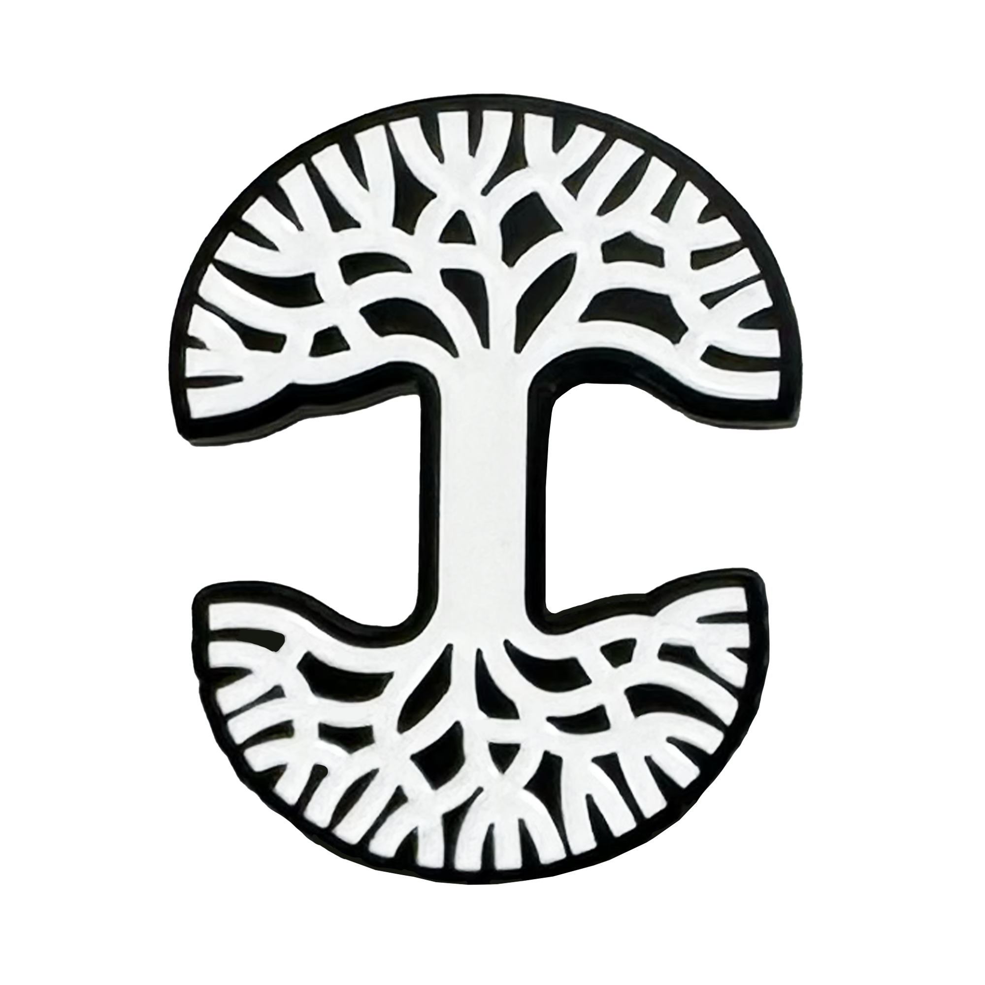 The Oaklandish Logo Enamel Pin by Oaklandish features a black and white design with a stylized "I" as the tree trunk, branching into circular canopies—an intricate, striking accessory perfect for any pin collection.