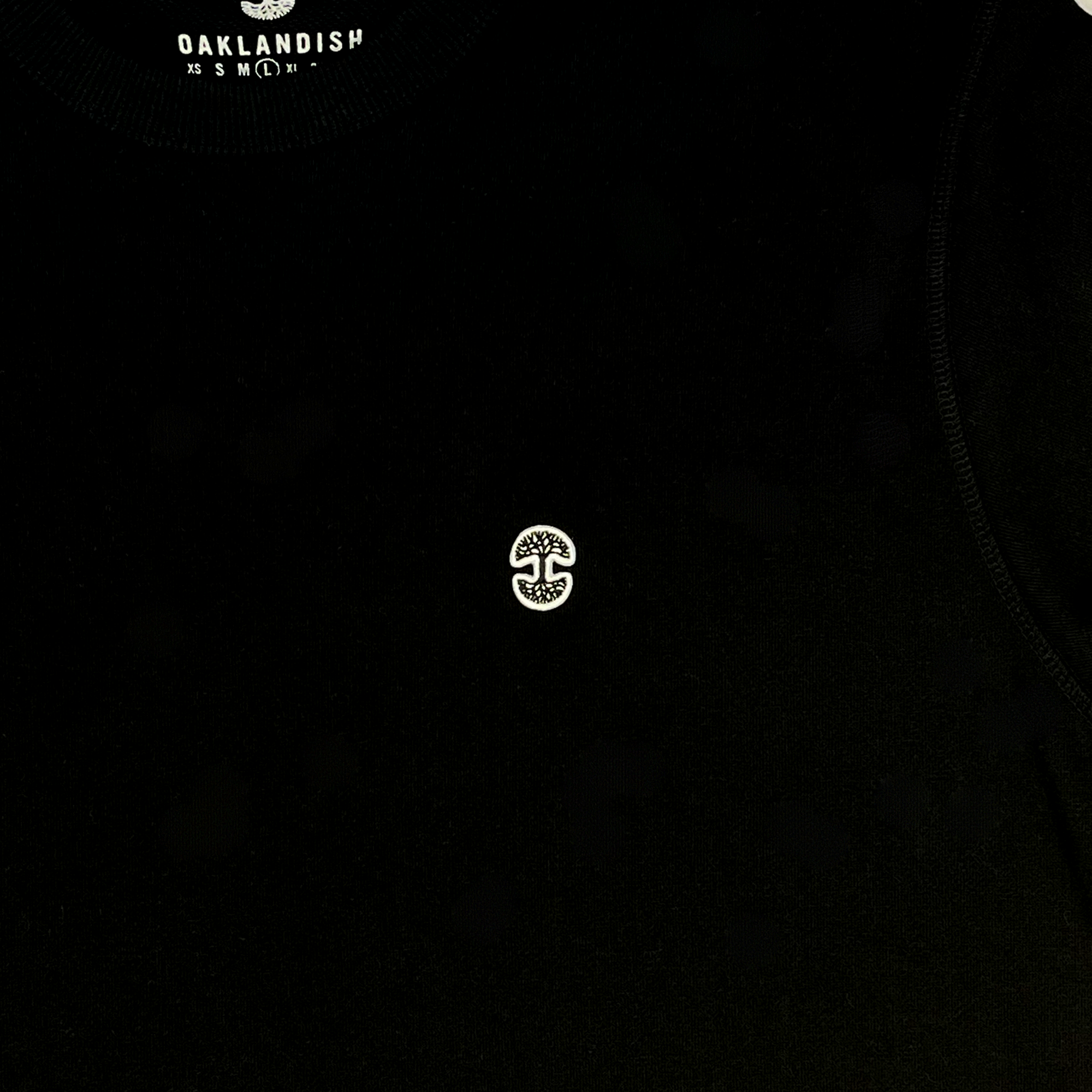 Detailed front view of Premium crewneck sweatshirt - Oaklandish tree logo, Black
