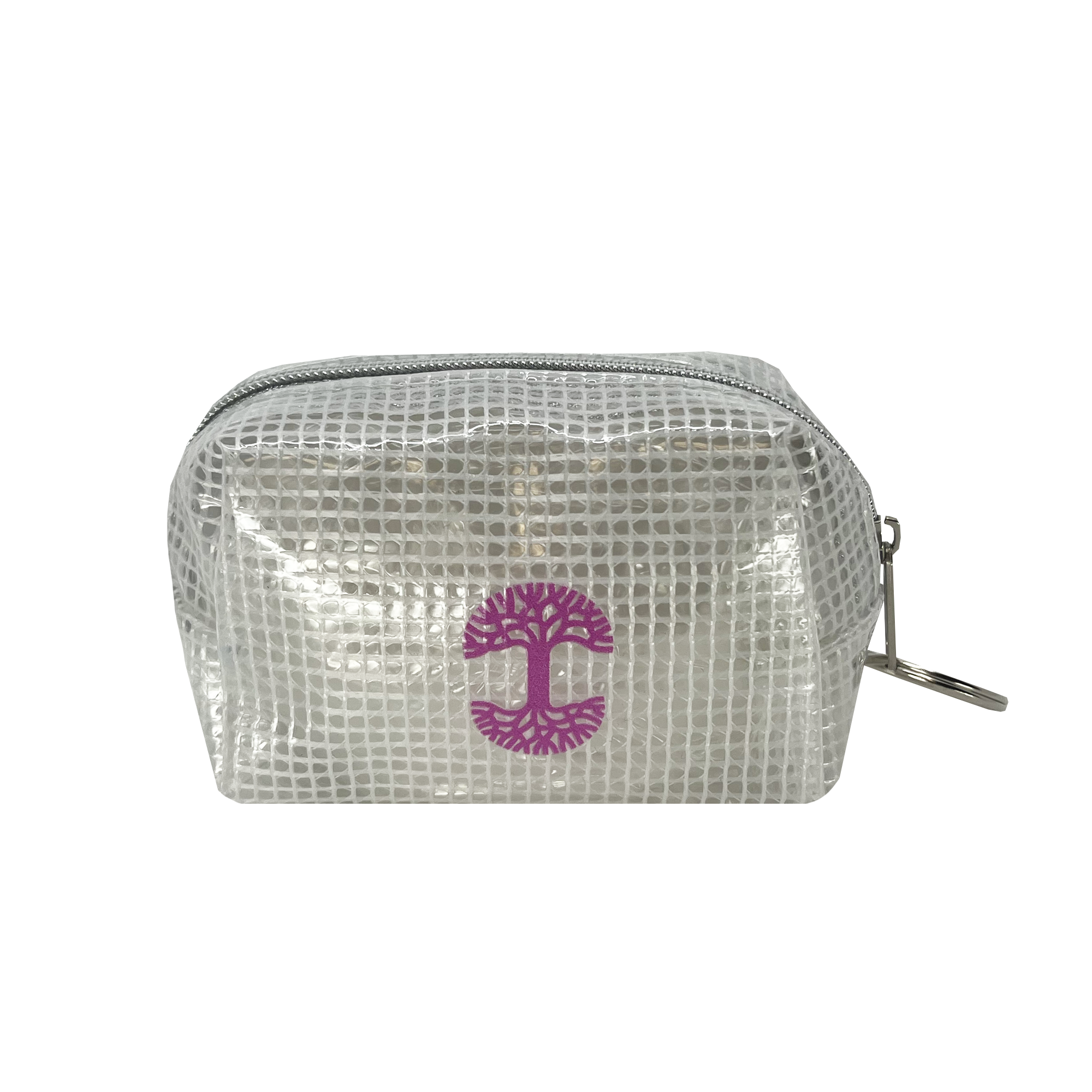 Alternate side of a clear plastic zippered travel pouch with a pink Oaklandish tree logo. 