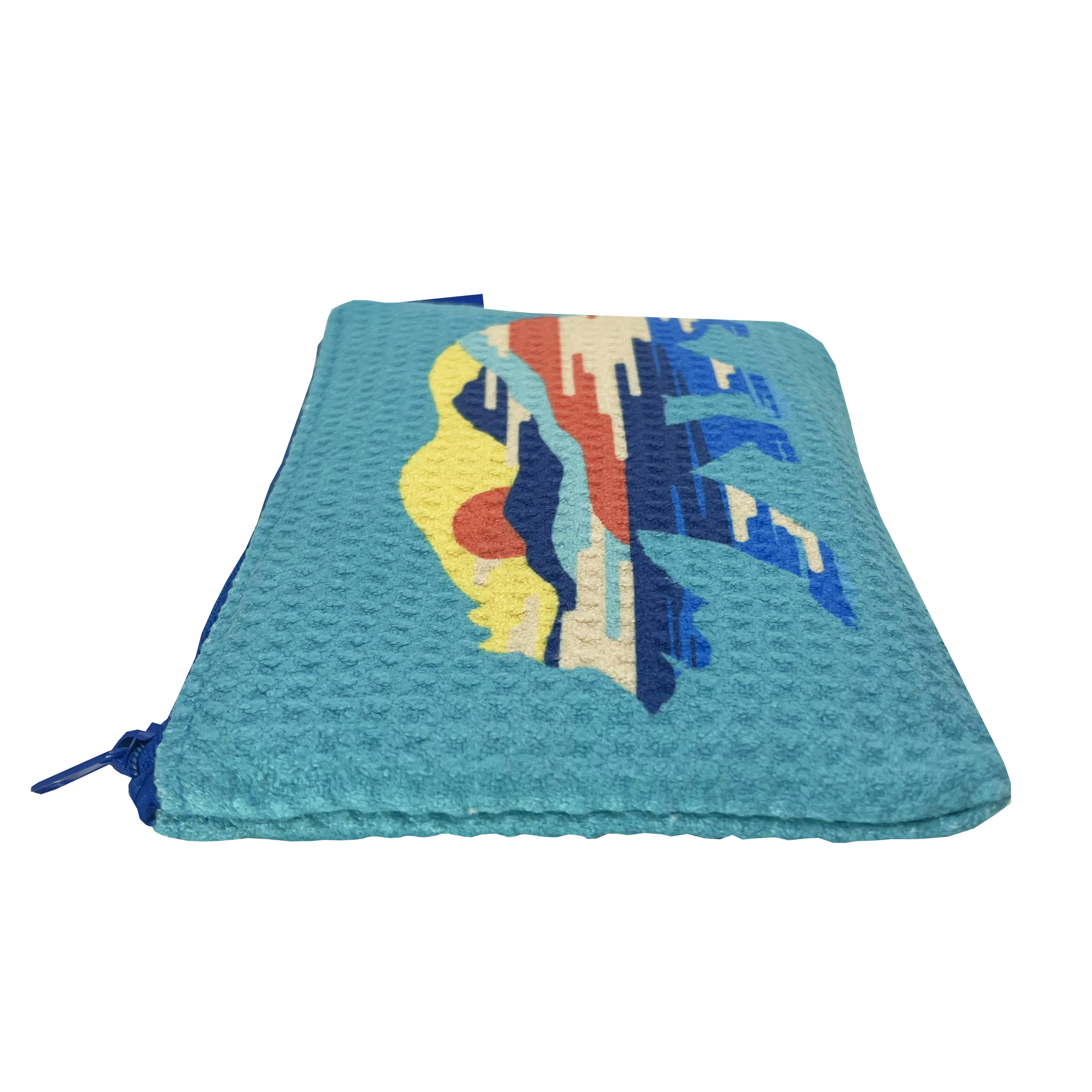 Above and front angle view of a blue zippered waffle weave pouch with a full-color sunset-themed graphic of a bear on the front.