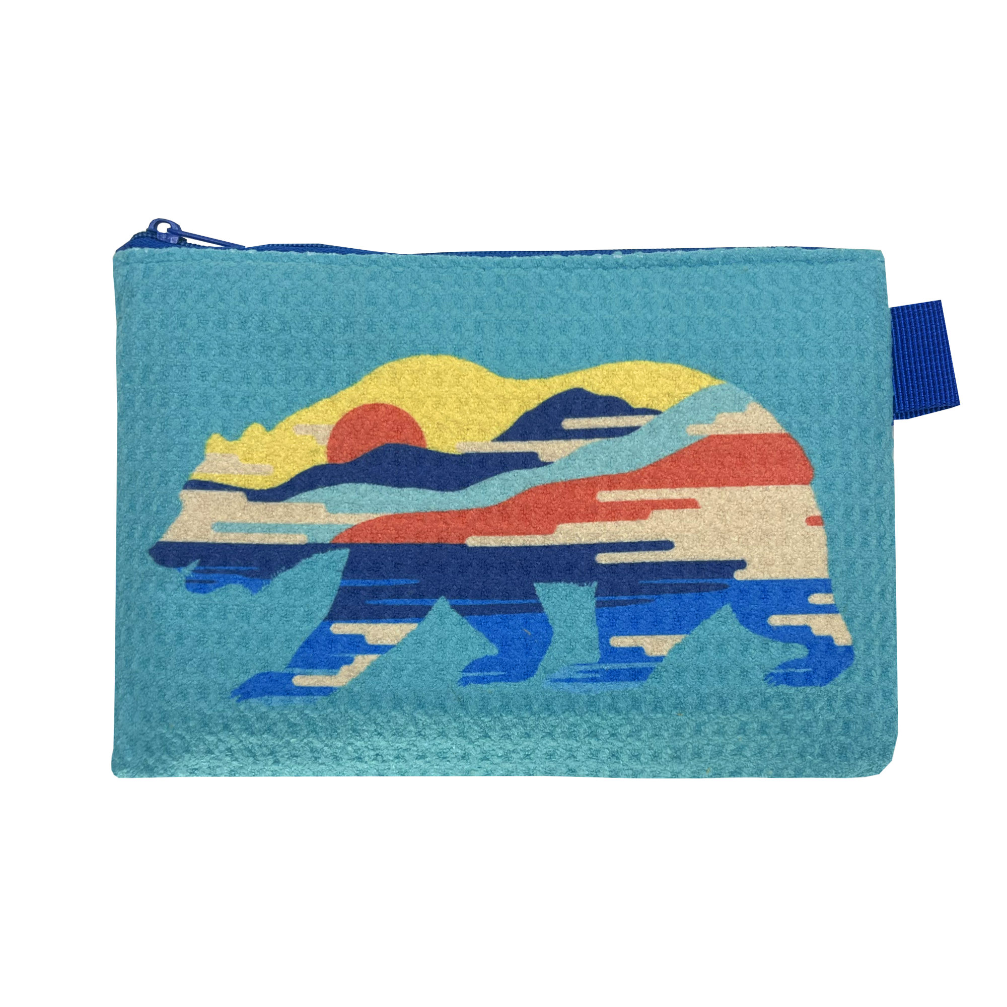 Front view of a blue zippered waffle weave pouch with a full-color sunset-themed graphic of a bear on the front.
