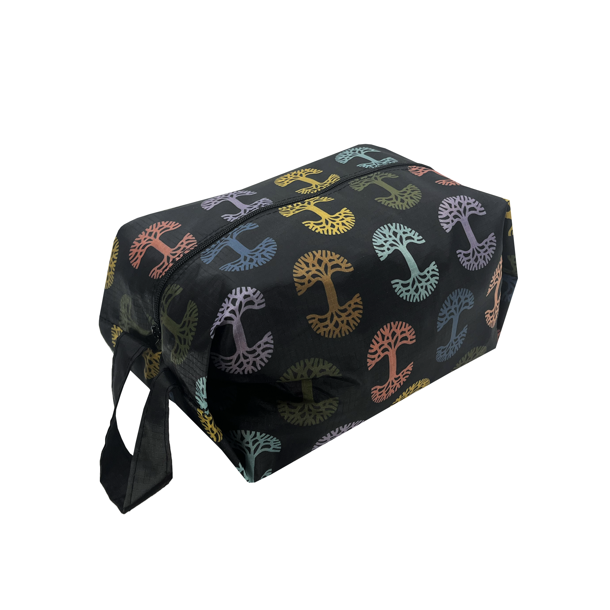 Above is a side-angle view of a medium-sized black zippered toiletry dopp bag with multi-color Oaklandish tree logos on repeat.