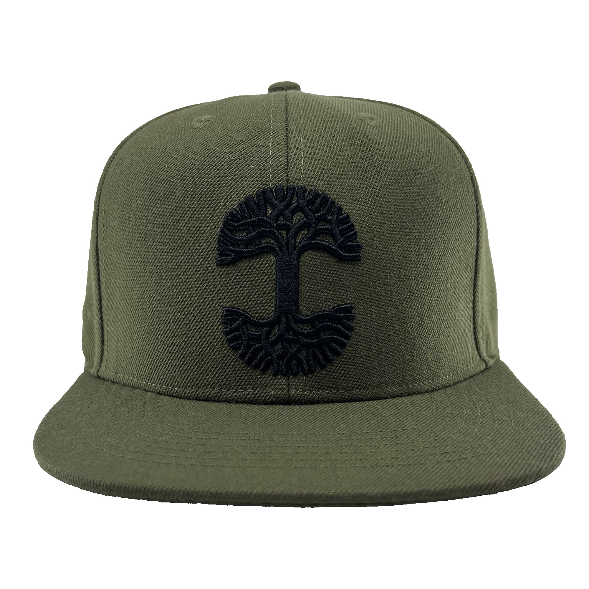 Front view of green snapback hat with black embroidered Oaklandish tree logo on the crown and flat square bill.