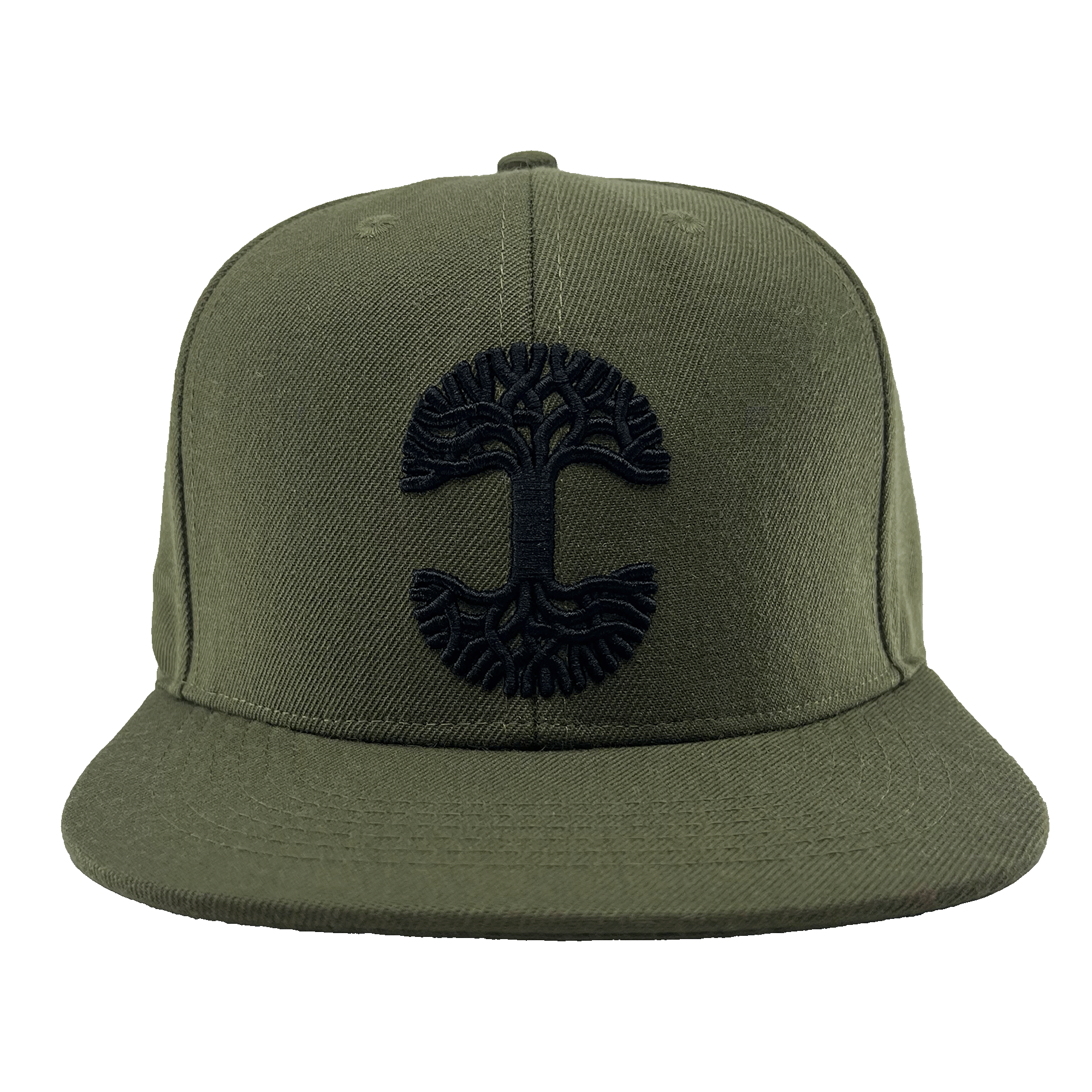 Front view of the Old English Aft Snapback by Oaklandish, an olive green hat featuring a black embroidered stylized tree with large roots and branches. The adjustable snapback cap has a flat brim, six-panel construction with stitched eyelets, and a button on top.