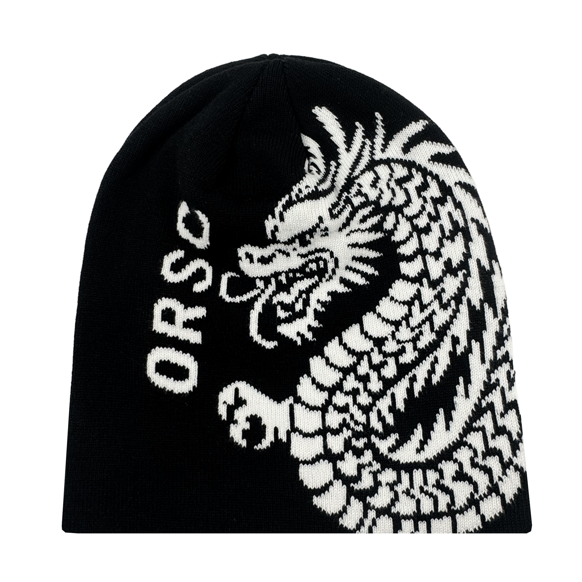 The Oakland Roots SC ORSC Dragon Skully is a black knit beanie with a bold white dragon on one side and "ORSC" vertically on the other, honoring Roots SC & Soul and classic Oakland Roots Sports Club style.