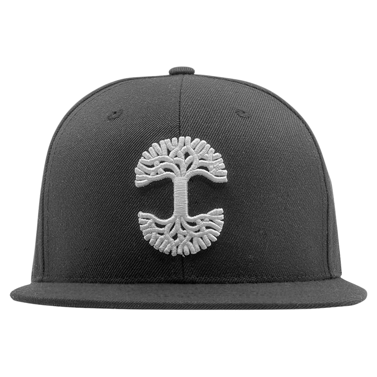 The Oaklandish Classic Snapback by Oaklandish is a black hat featuring a white embroidered tree logo with evenly spreading branches on the front. The design includes a flat brim, a button on top, and visible stitching details on the crown and brim.