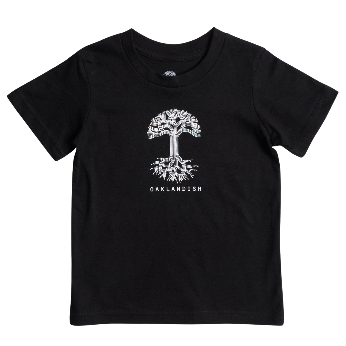 The Toddler Oaklandish Classic Logo Tee by Oaklandish is a black t-shirt featuring a white stylized tree graphic prominently on the front center. Below the tree, "OAKLANDISH" is printed in bold white capital letters. Made from 100% cotton, this comfy and stylish shirt provides an eye-catching contrast with its plain black background.