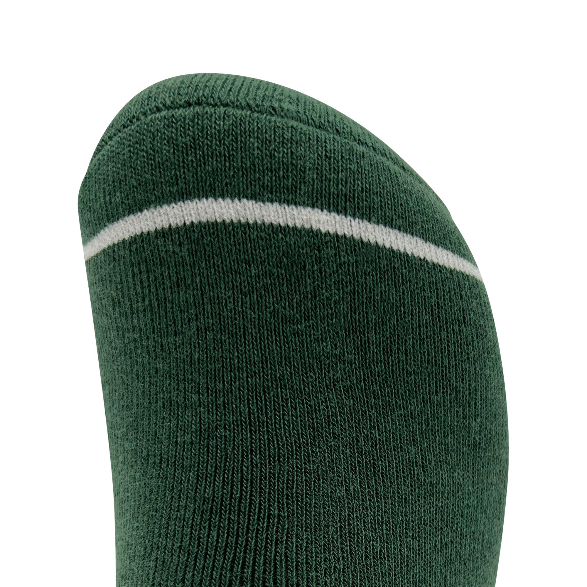 Close-up of the toe portion of a green Plush Oak Sock by Oaklandish, featuring a thin white stripe near the top. The texture of the knit fabric is clearly visible, and the stitching looks uniform. Made from soft cotton, these socks promise happy feet. The plain white background makes their green color stand out.