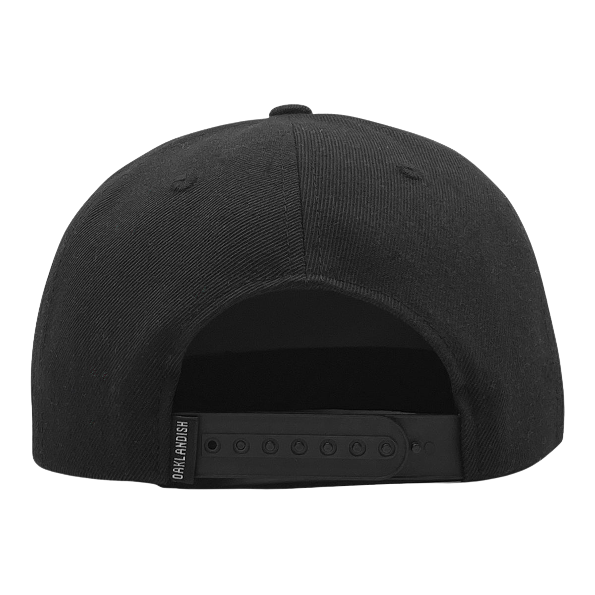 The image displays the back view of the Oaklandish Classic Snapback in black. This cap features a plastic strap with multiple adjustment holes and a small "DIAMONDISH" label near the closure. A stitched button is centered on top, while an Oaklandish tree logo subtly adorns the side.