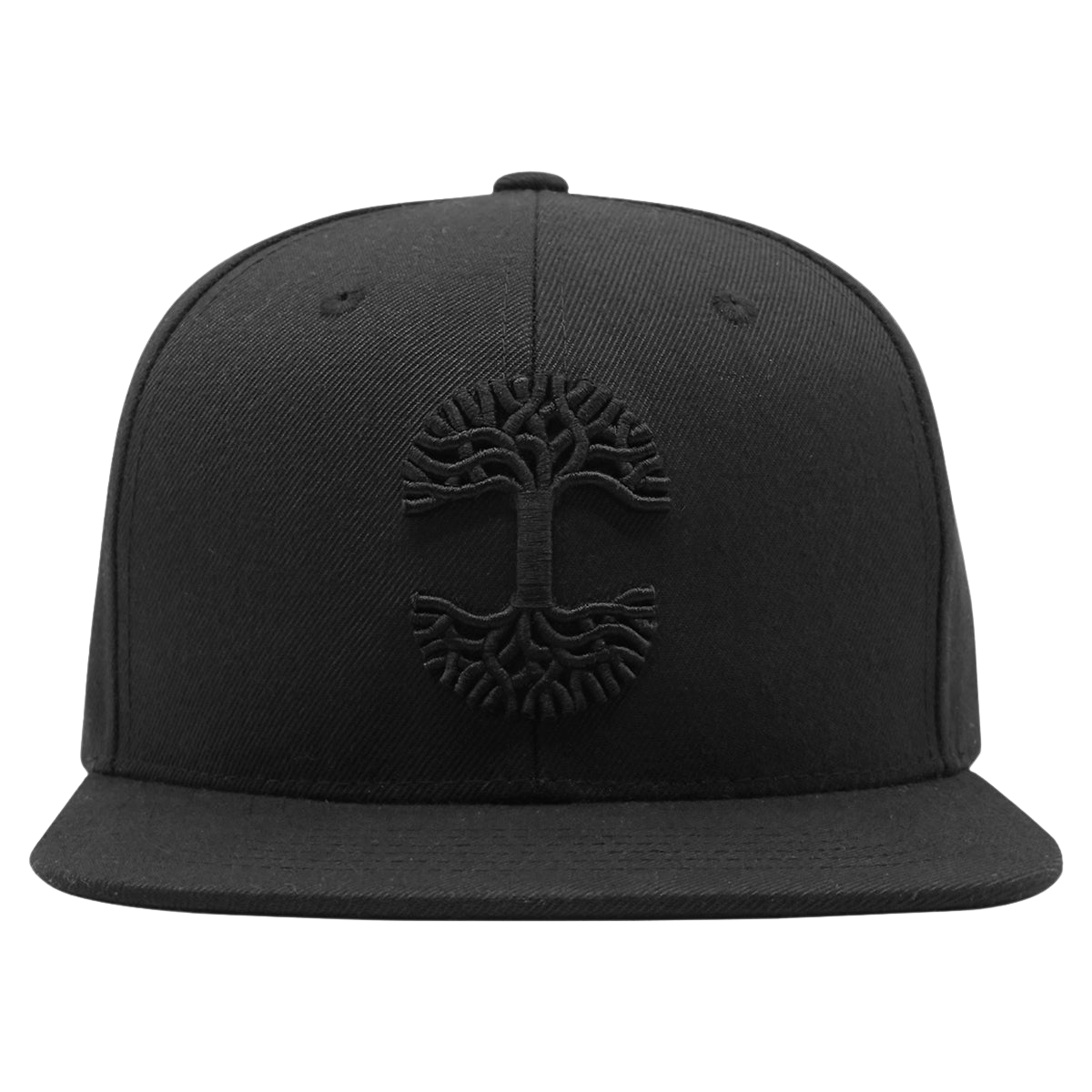The Oaklandish Classic Snapback by Oaklandish features an embroidered black tree emblem on the front, with intricate roots and branches forming a circular pattern. This stylish headwear boasts a flat brim and is set against a plain white background.