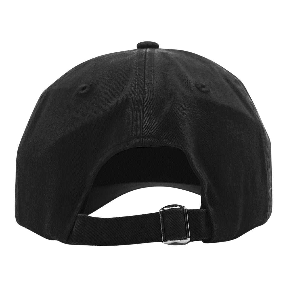 Rear view of the Oaklandish Micro Logo Dad Hat in black, showcasing an adjustable strap back with a metal buckle. The design includes detailed stitching along the edges, a button on top, and the iconic Oaklandish logo. The plain white background highlights the hat's structure.