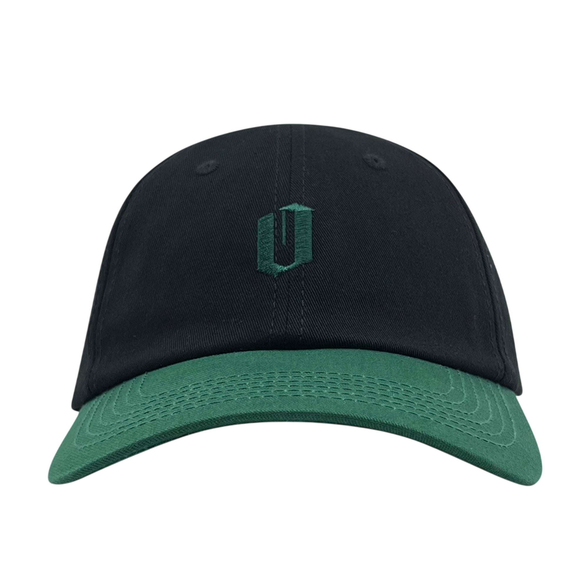 The Official Micro Logo Dad Hat from Oaklandish is a black cap featuring a dark green brim and an embroidered dark green, stylized "U" emblem on the front. Its minimalist design without any additional embellishments or logos makes it perfect for those who appreciate subtle style.