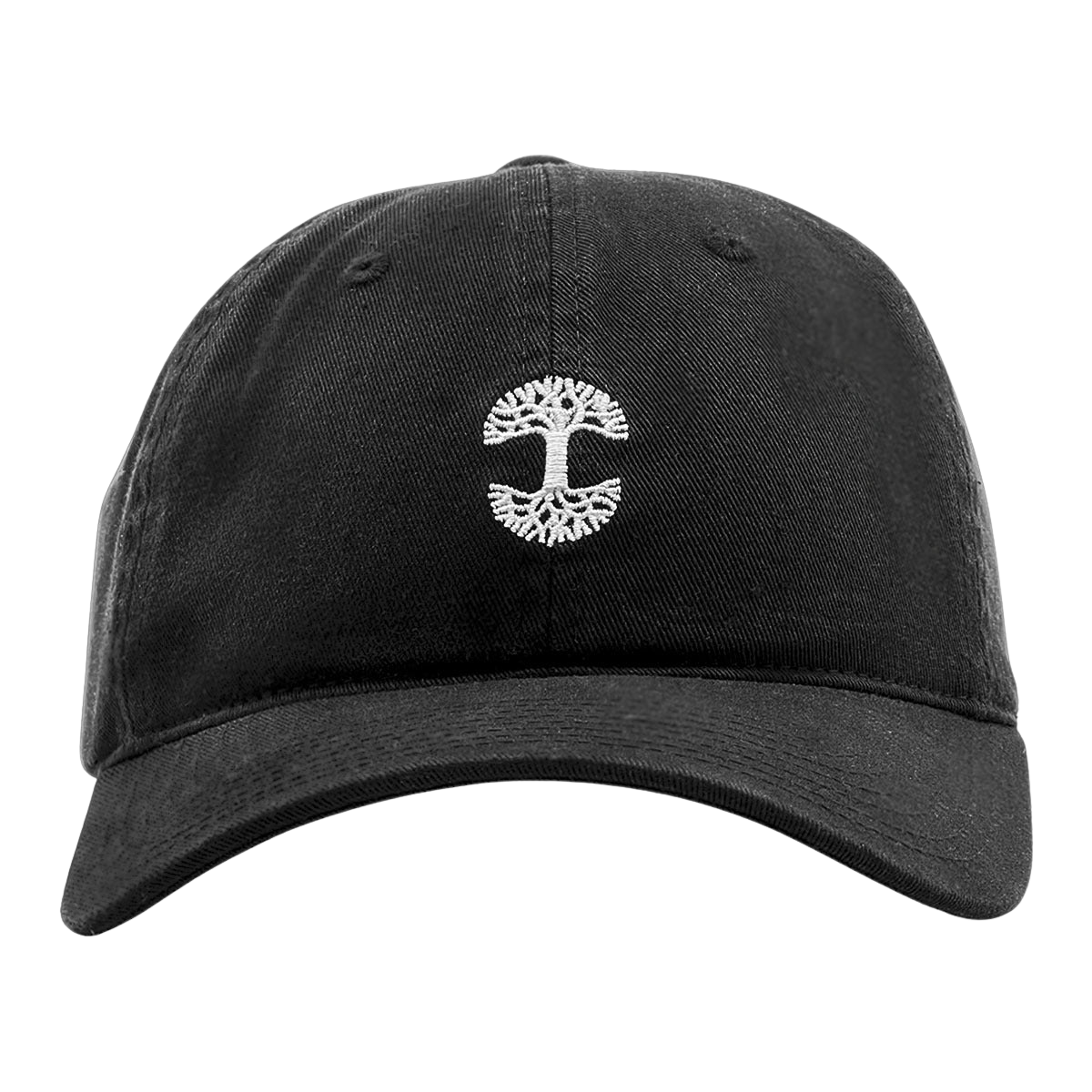 The Micro Logo Dad Hat by Oaklandish is a black dad hat featuring an embroidered white Oaklandish logo at the center front. The stylized, symmetrical tree design resembles a detailed artistic depiction with branches extending outward. The cap has a curved brim, stitching details on the panels, and an adjustable strap back for a perfect fit.