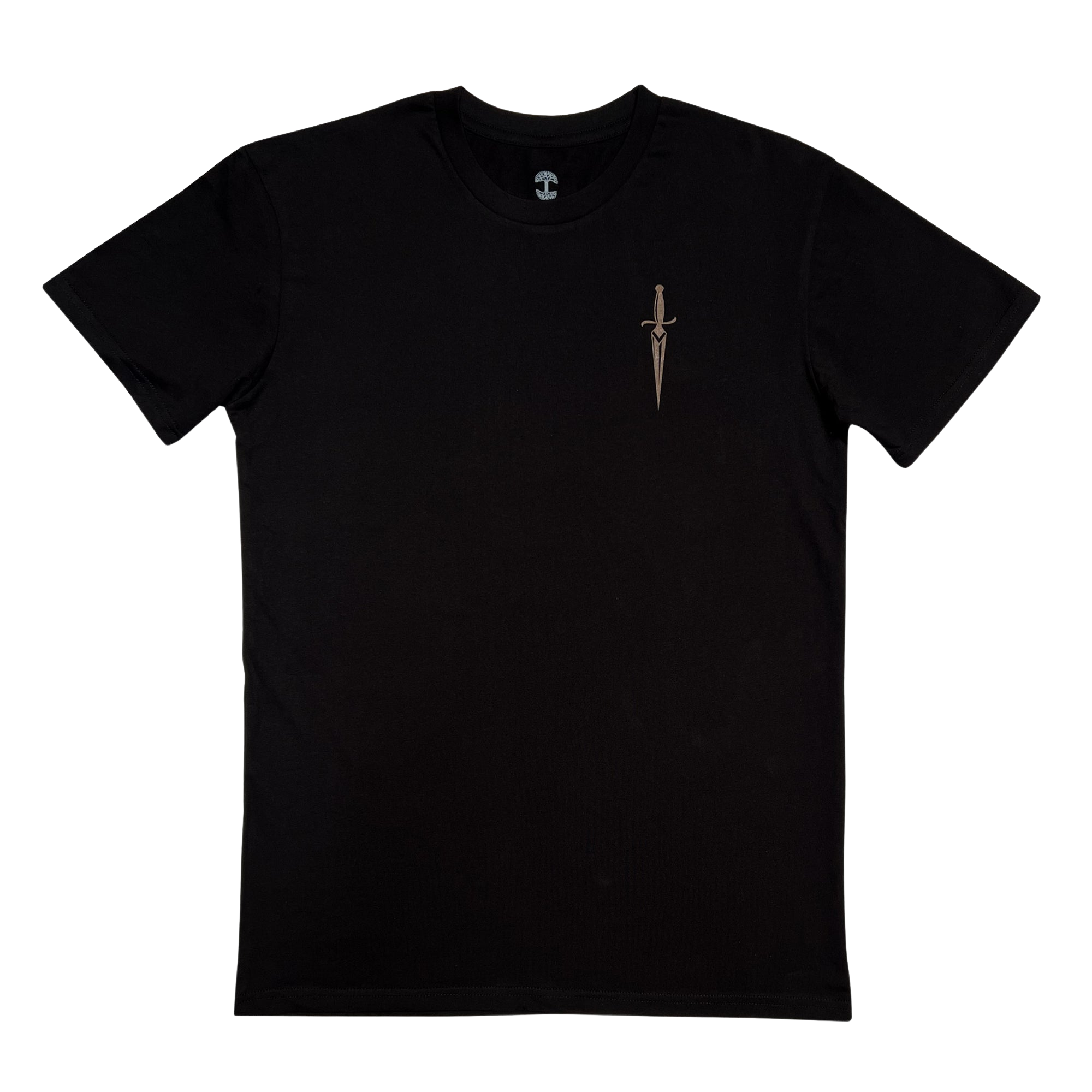 The Blossom Tee by Oaklandish is a plain black men's cotton t-shirt featuring a small embroidered design of a dagger on the left chest area. The background is white, emphasizing the minimalistic and stylish design of the t-shirt.