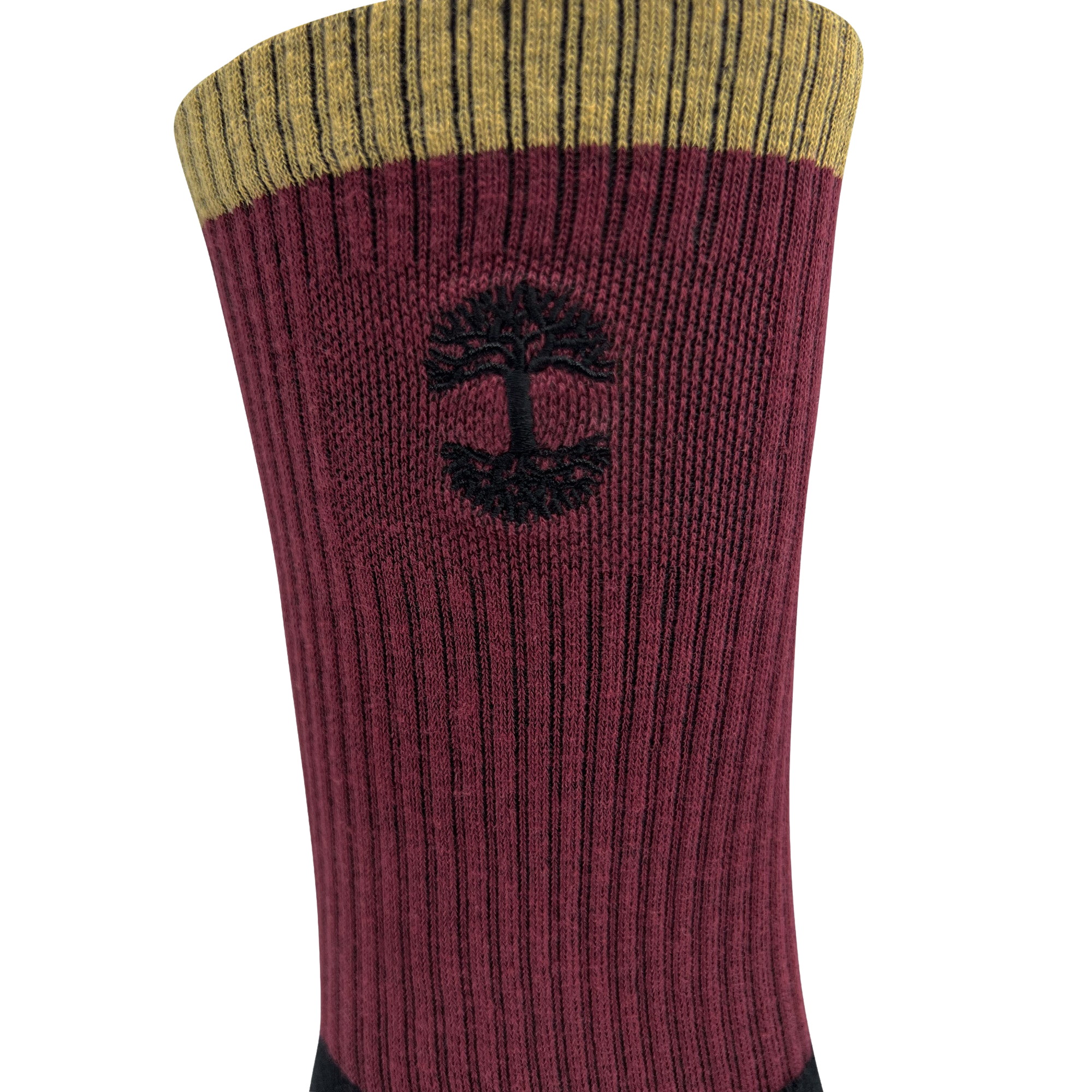 A close-up view of the Colorblock Sock by Oaklandish showcases its upper section, featuring a mustard-yellow band at the top, followed by a wider maroon section with vertical ribbing. An embroidered Oaklandish logo is knitted into the maroon section, and the lower part of the sock is black.