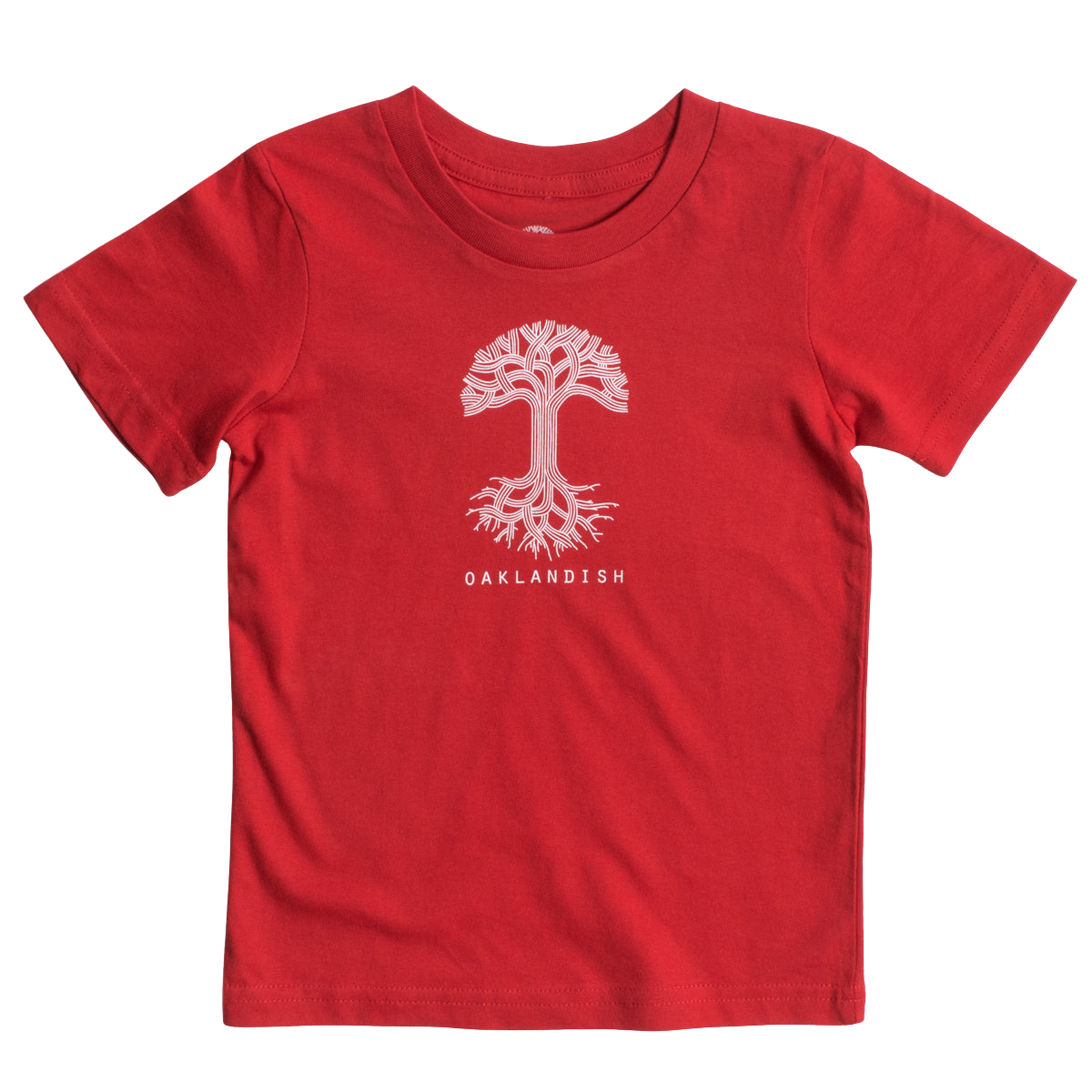 The Toddler Oaklandish Classic Logo Tee by Oaklandish features a red, short-sleeve T-shirt made from 100% cotton. It has a white graphic of a stylized tree with sprawling roots and branches, with "OAKLANDISH" printed in bold white capital letters below the tree. The shirt is displayed laid flat against a white background.