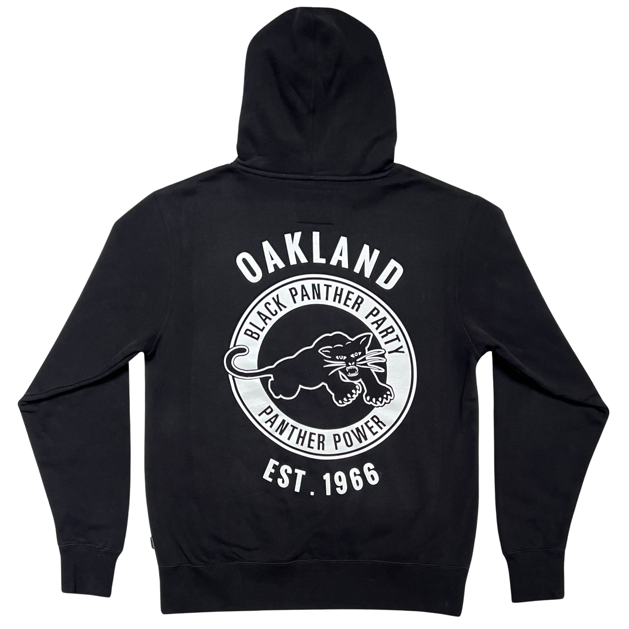 The Black Panther Power Hoodie by Oaklandish is a black pullover hoodie featuring a large crouching black panther design on the back, encircled by the words "Black Panther Party" and "Panther Power." The hoodie also has "Oakland" printed above the panther and "Est. 1966" below. It includes a hood and long sleeves for added comfort.