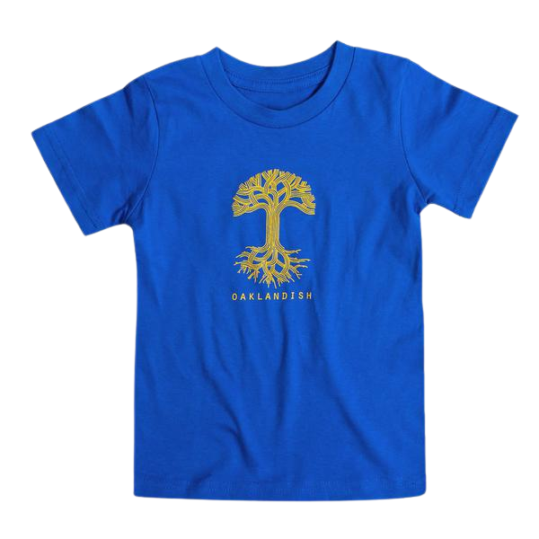 The Toddler Oaklandish Classic Logo Tee by Oaklandish, in royal blue and made from 100% cotton, showcases a graphic of a yellow tree with upward-reaching branches and downward-stretching roots, creating a symmetrical design. Below the tree, "OAKLANDISH" is printed in yellow capital letters. The T-shirt is displayed on a plain white background.