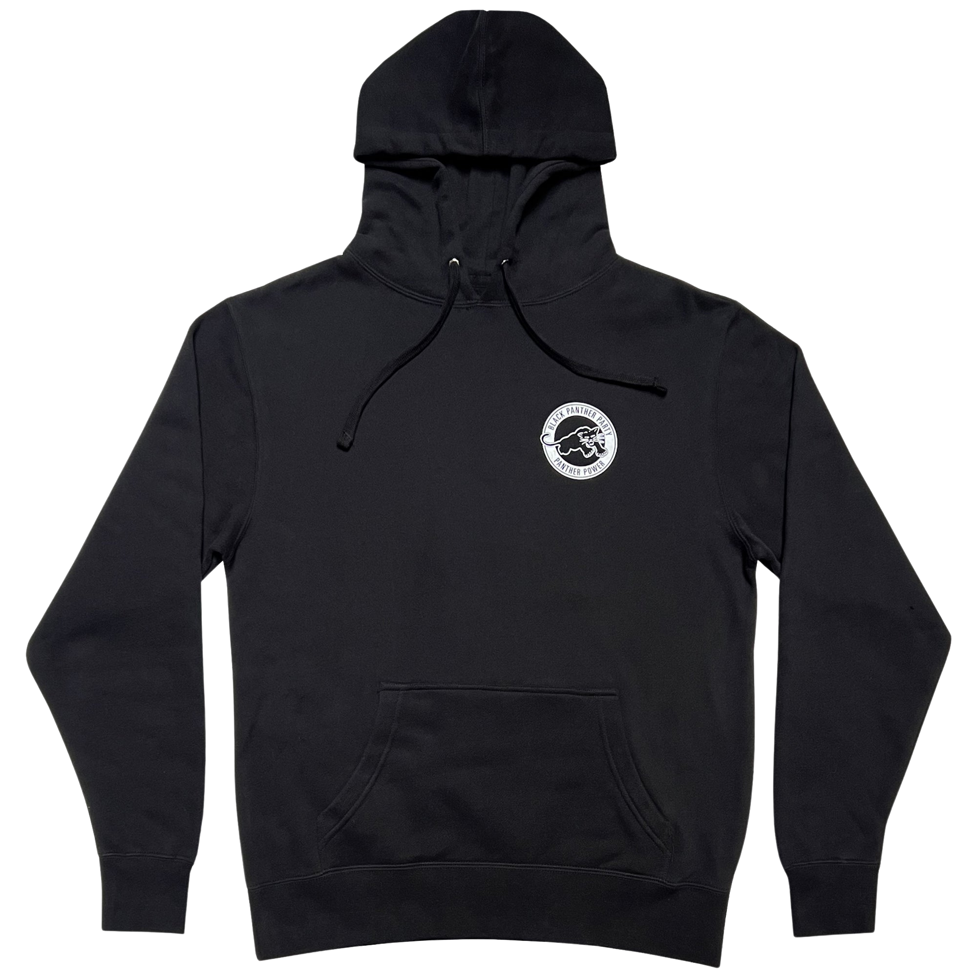 Check out the Black Panther Power Hoodie by Oaklandish. This black pullover hoodie features a front pouch pocket and drawstrings on the hood. Adorning the left chest area is a small, white circular logo with a stylized wave design encircled by text that hints at Black Panther Power.