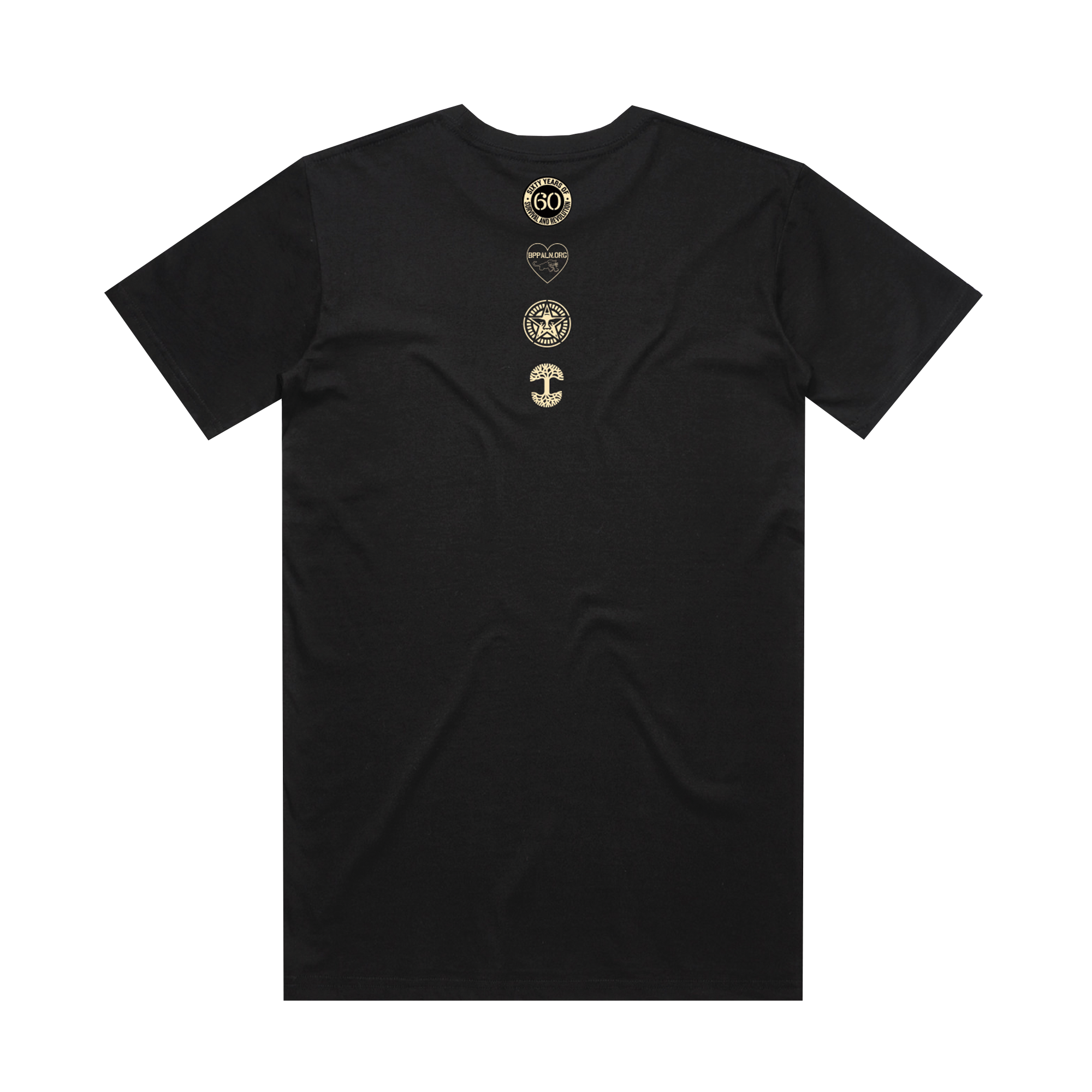 The Obey x BPPALN x Oaklandish - 60th Educate to Liberate Tee by Oaklandish is a black limited-edition t-shirt, back view, with four gold emblems vertically aligned on the upper back, inspired by Shepard Fairey and the Black Panther Party.