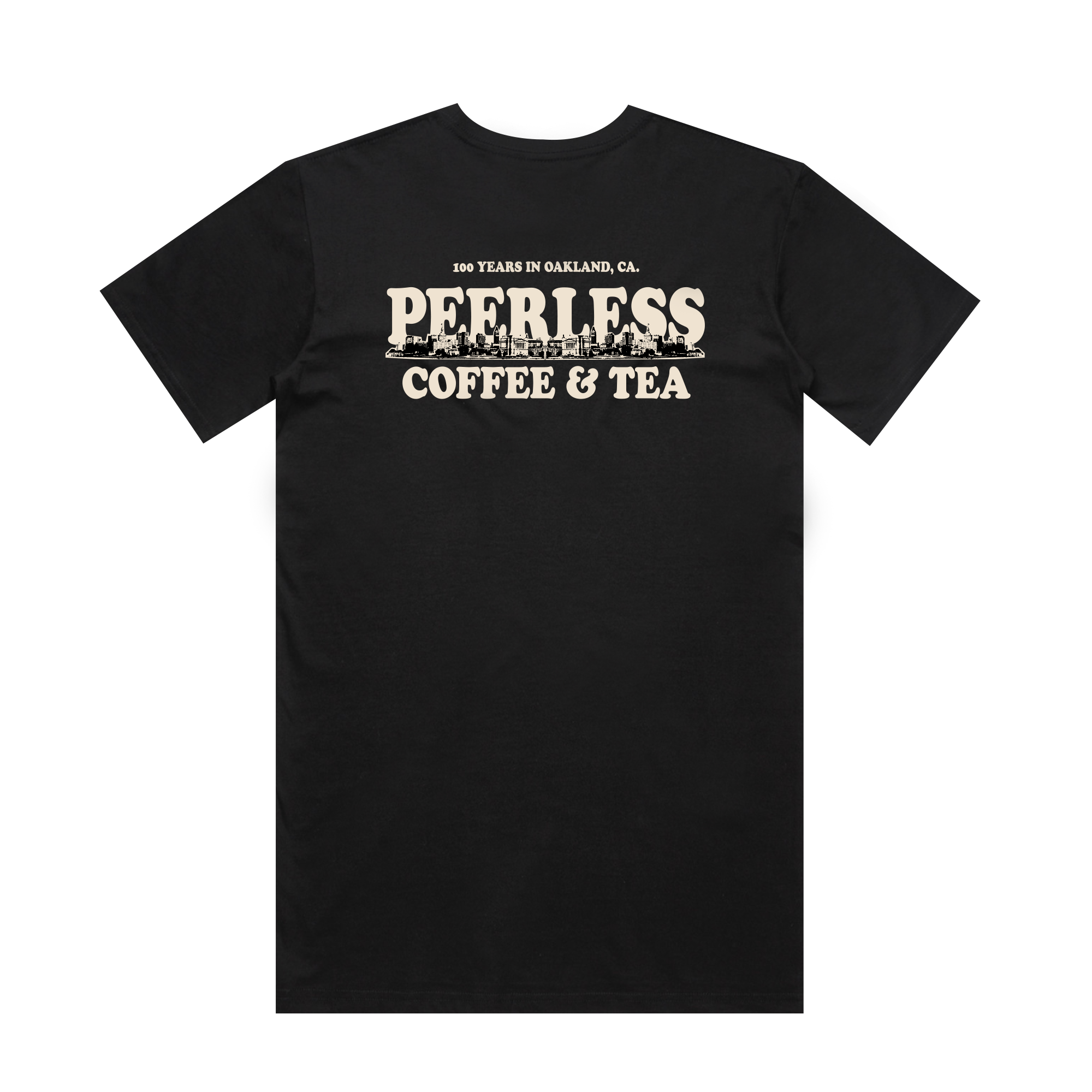 The Peerless Skyline Tee by Oaklandish features a black t-shirt with "100 Years in Oakland, CA. Peerless Coffee & Tea" elegantly displayed in vintage white capital letters on the back. Styled against a white backdrop, this collaboration captures the essence and heritage of the city.