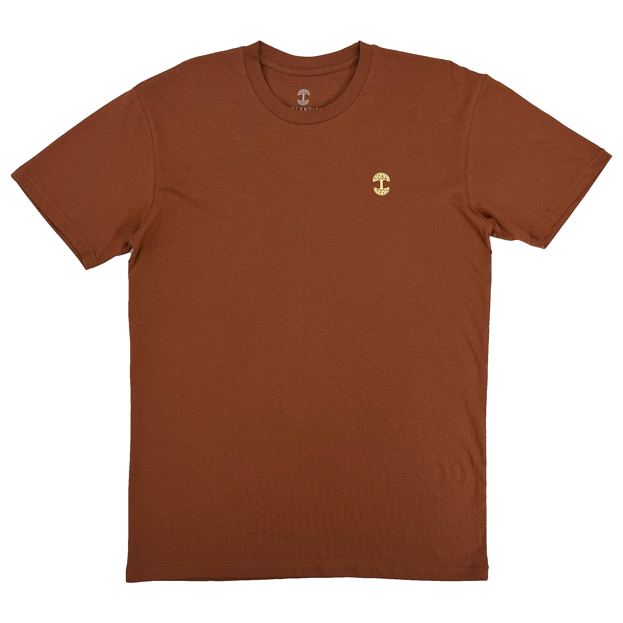 Clay-colored t-shirt with yellow Oaklandish tree logo on front chest.