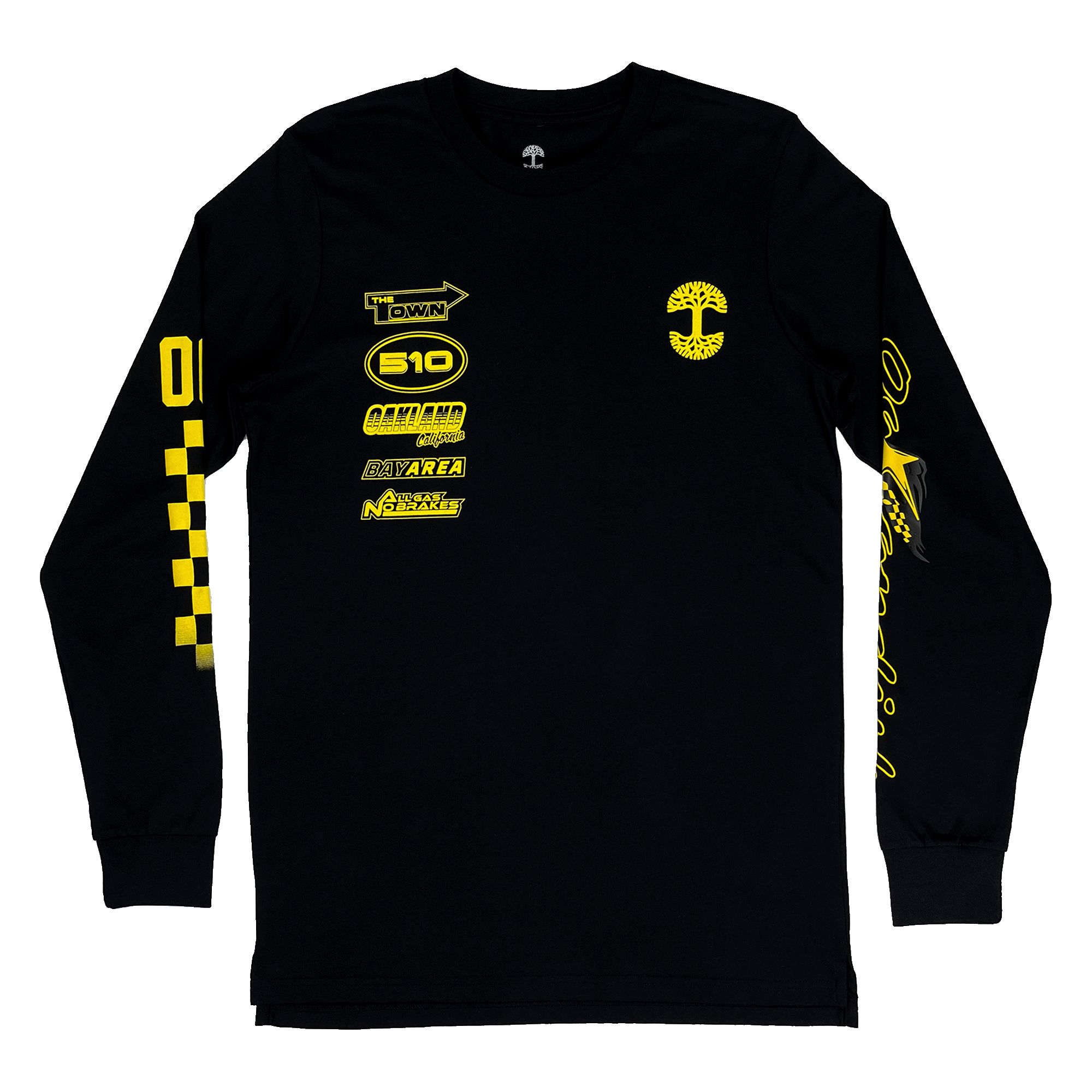 Black long sleeve t-shirt with yellow race car-inspired design on the front and on the sleeves.
