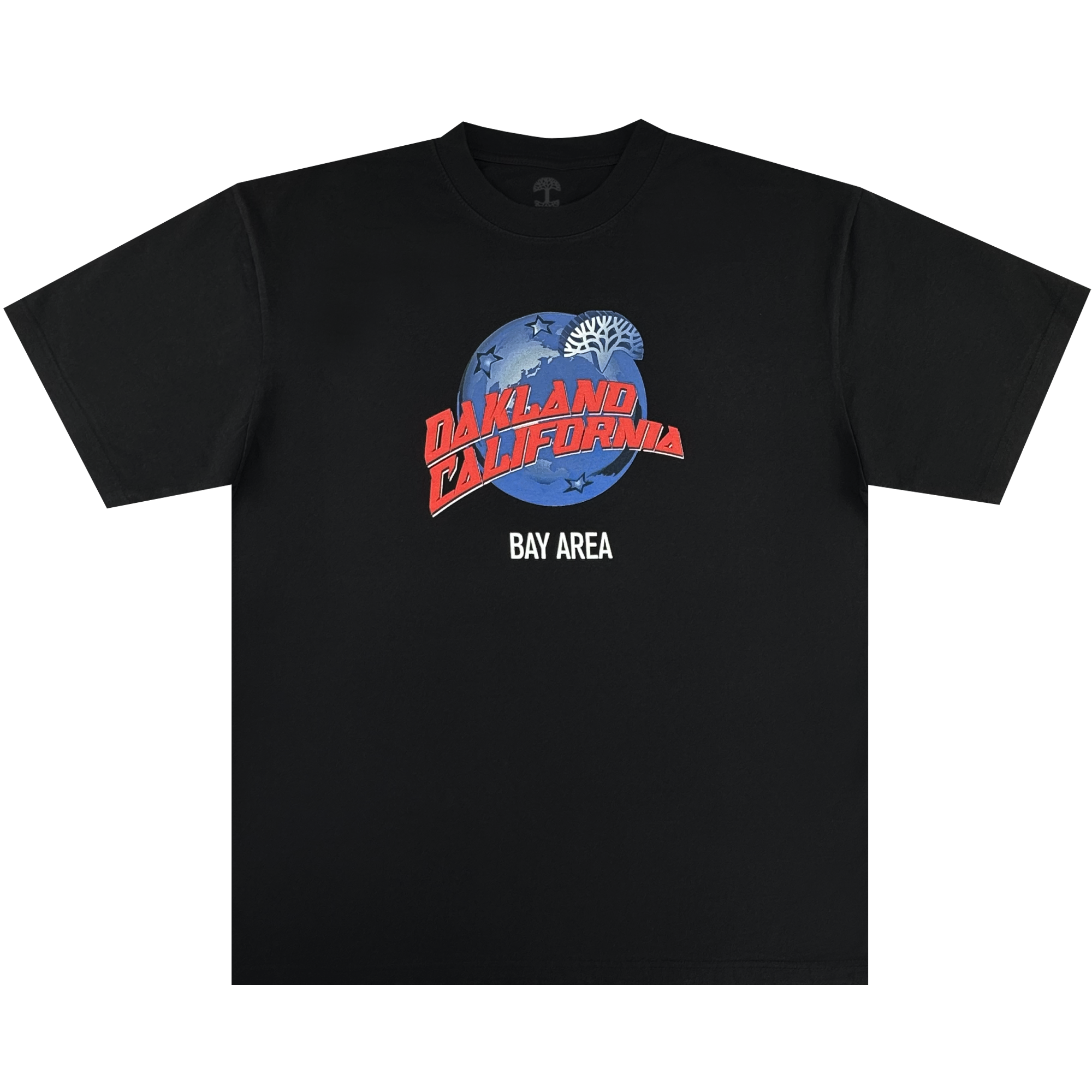 The Oaklandish Planet Oakland Tee is a black, 100% cotton classic fit shirt featuring a blue NASA-style logo with white stars and a tree, red "Oakland California," and white "Bay Area" text centered on the chest.
