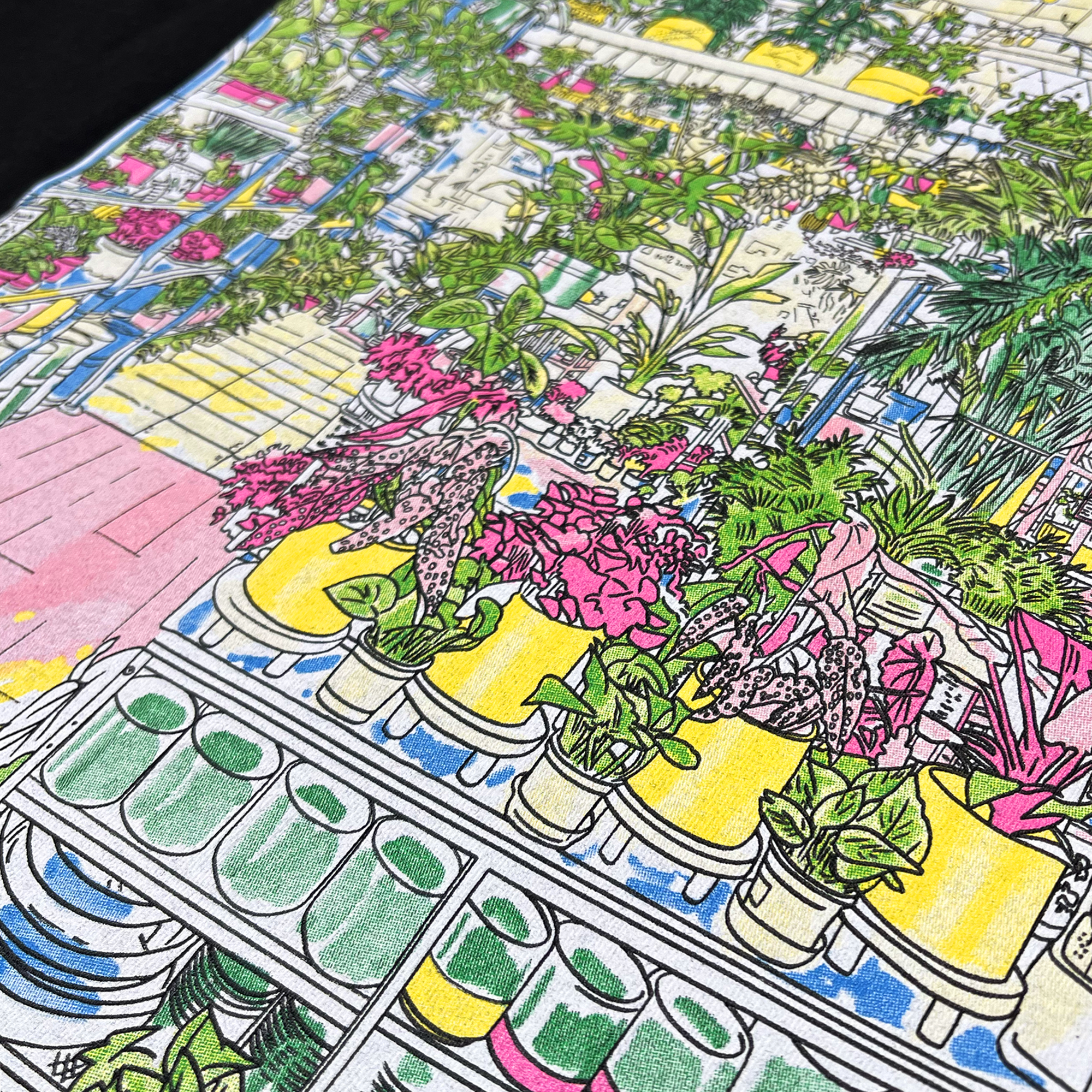 An intricate and colorful drawing depicts a mission-driven plant shop filled with diverse foliage and vibrant flowers. Shelves are stacked with potted plants of various sizes, and the scene is brimming with greenery. The detailed illustration includes patterns and textures that enrich the lively atmosphere, making it perfect for showcasing the Women's Planterday X Oaklandish Tee by Oaklandish.