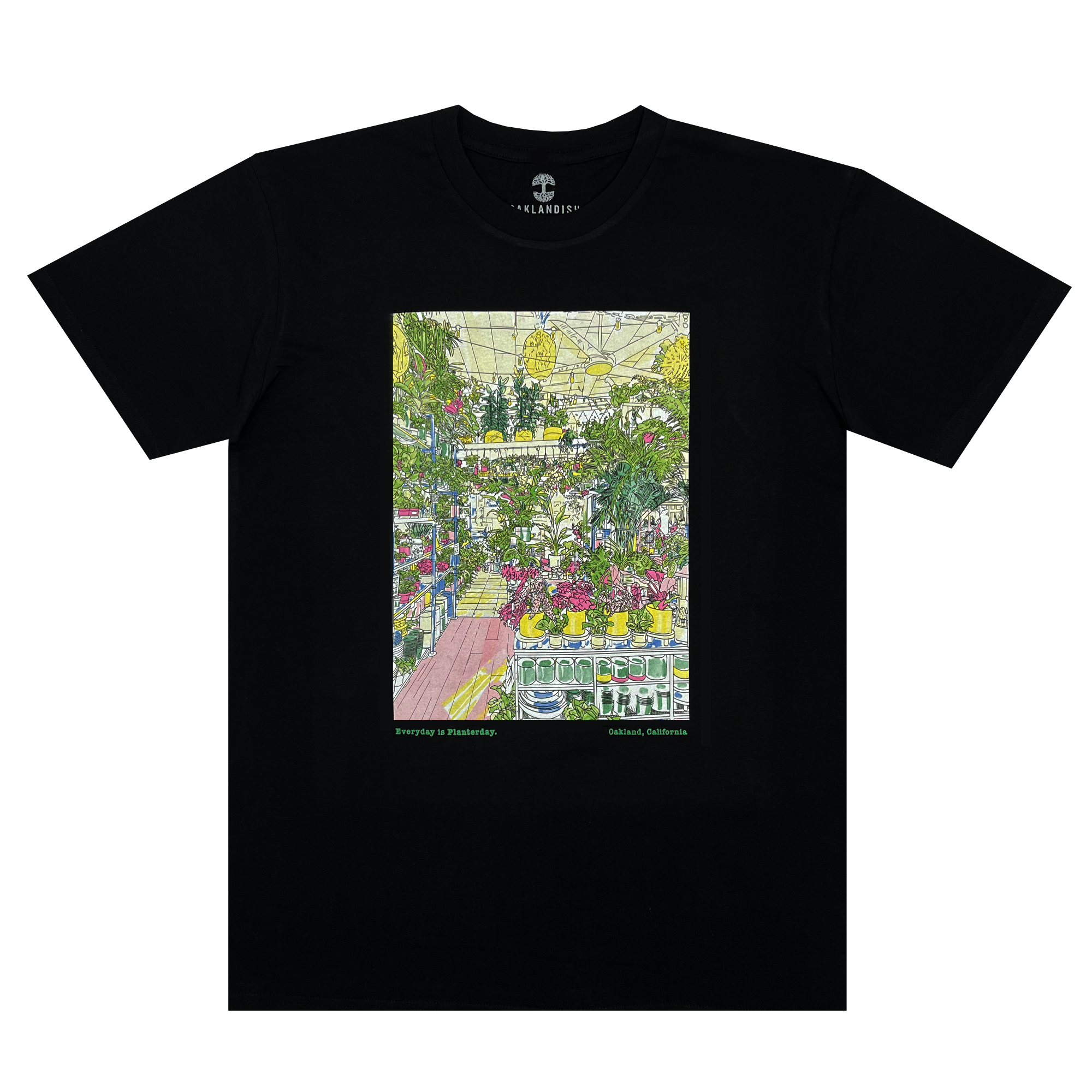 Black cotton t-shirt with a large hand-drawn full color graphic of the inside of Planterday, a mission-driven plant shop in Oakland, CA.