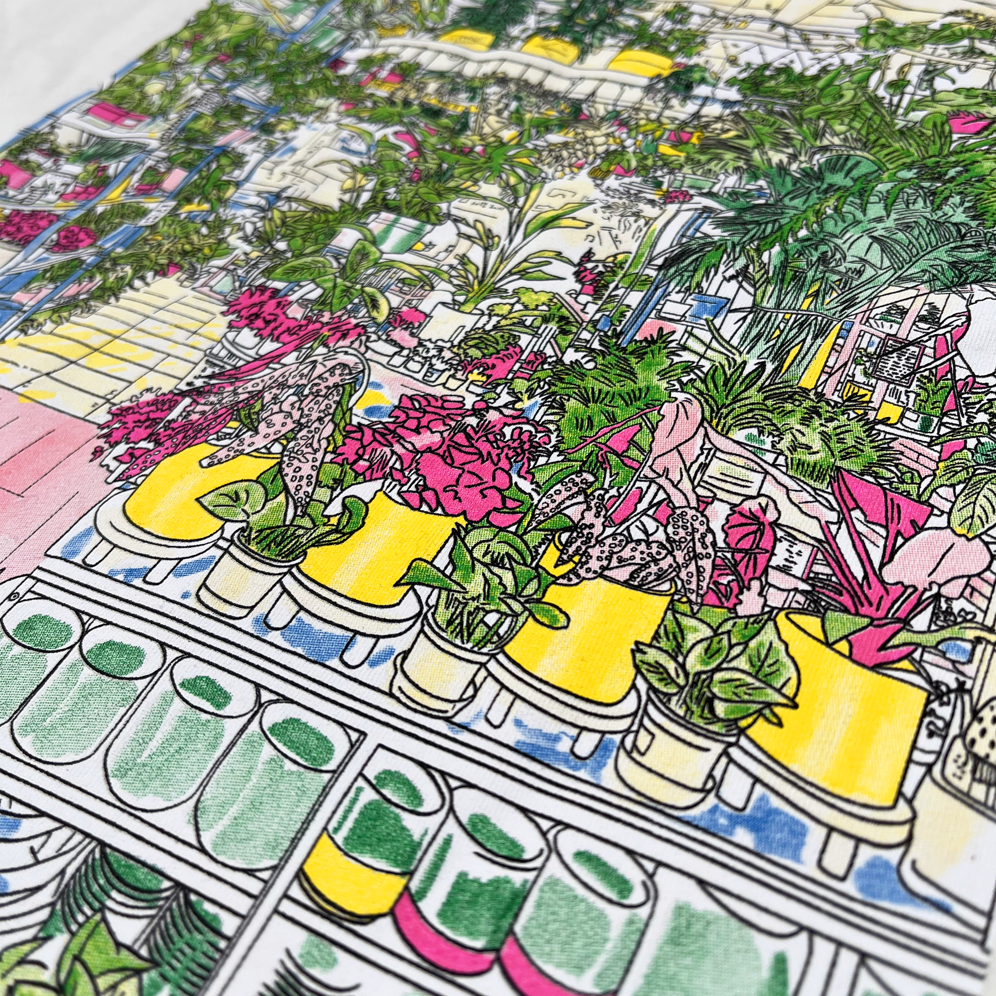 A detailed illustration of a vibrant plant shop interior filled with various potted plants and flowers, prominently featuring bright yellow and pink pots surrounded by lush green foliage. Additional rows of plants and colorful items are visible in the background, making for a lively Planterday X Oaklandish Tee by Oaklandish scene.