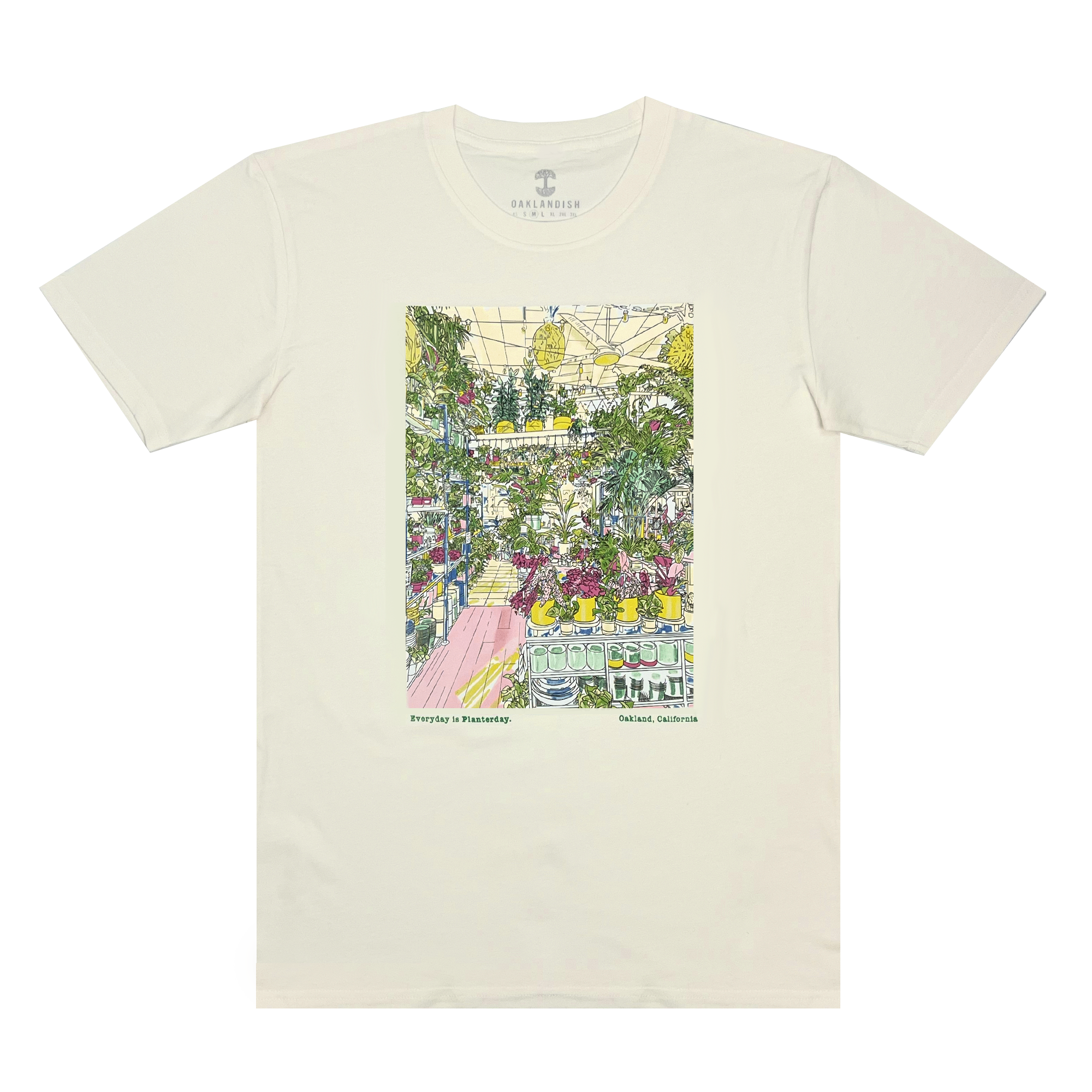 Natural cotton t-shirt with a large hand-drawn full color graphic of the inside of Planterday, a mission-driven plant shop in Oakland, CA.