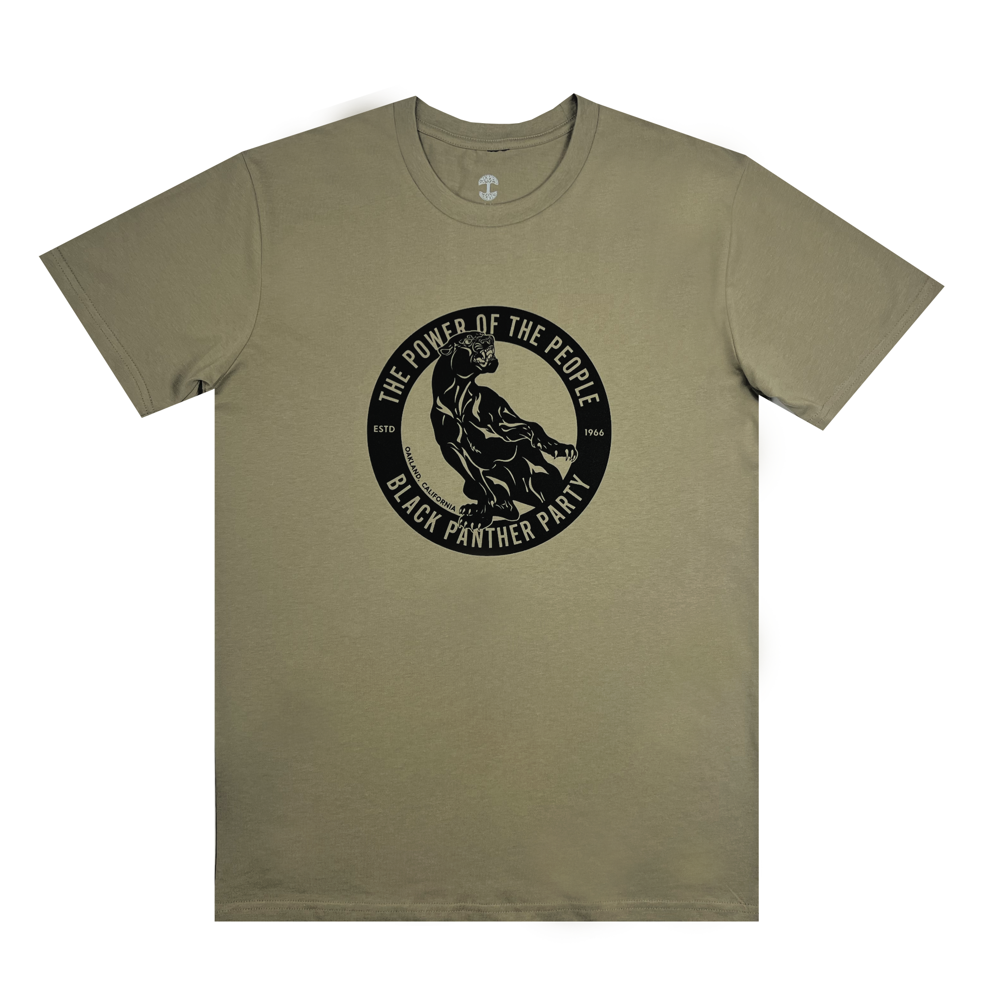 Oaklandish's Power of the People Tee is a khaki-colored shirt featuring a circular design on the chest. Inside the circle, an image of a crouching black panther is highlighted. Surrounding the panther is the text, "The Power of the People - Black Panther Party," as part of an educational series on social movements.