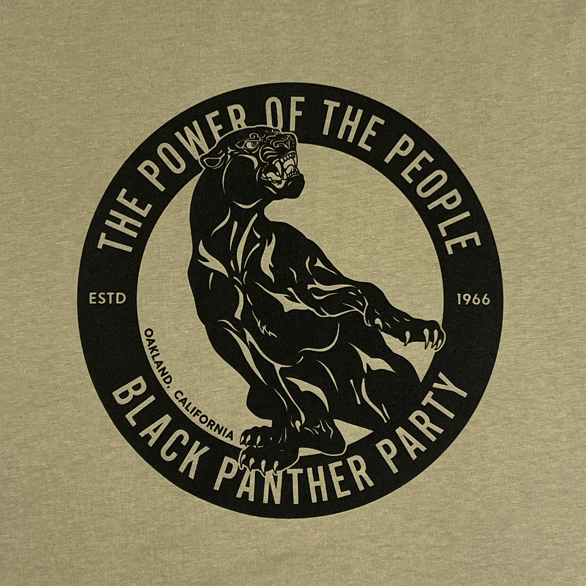 The Power of the People Tee by Oaklandish features a circular emblem with a black panther at the center. Surrounding the panther are the words "THE POWER OF THE PEOPLE" at the top, "BLACK PANTHER PARTY" at the bottom, with "ESTD" on the left, "1966" on the right, and "OAKLAND, CALIFORNIA" below. The background is beige. This design represents a deep historical and cultural significance.