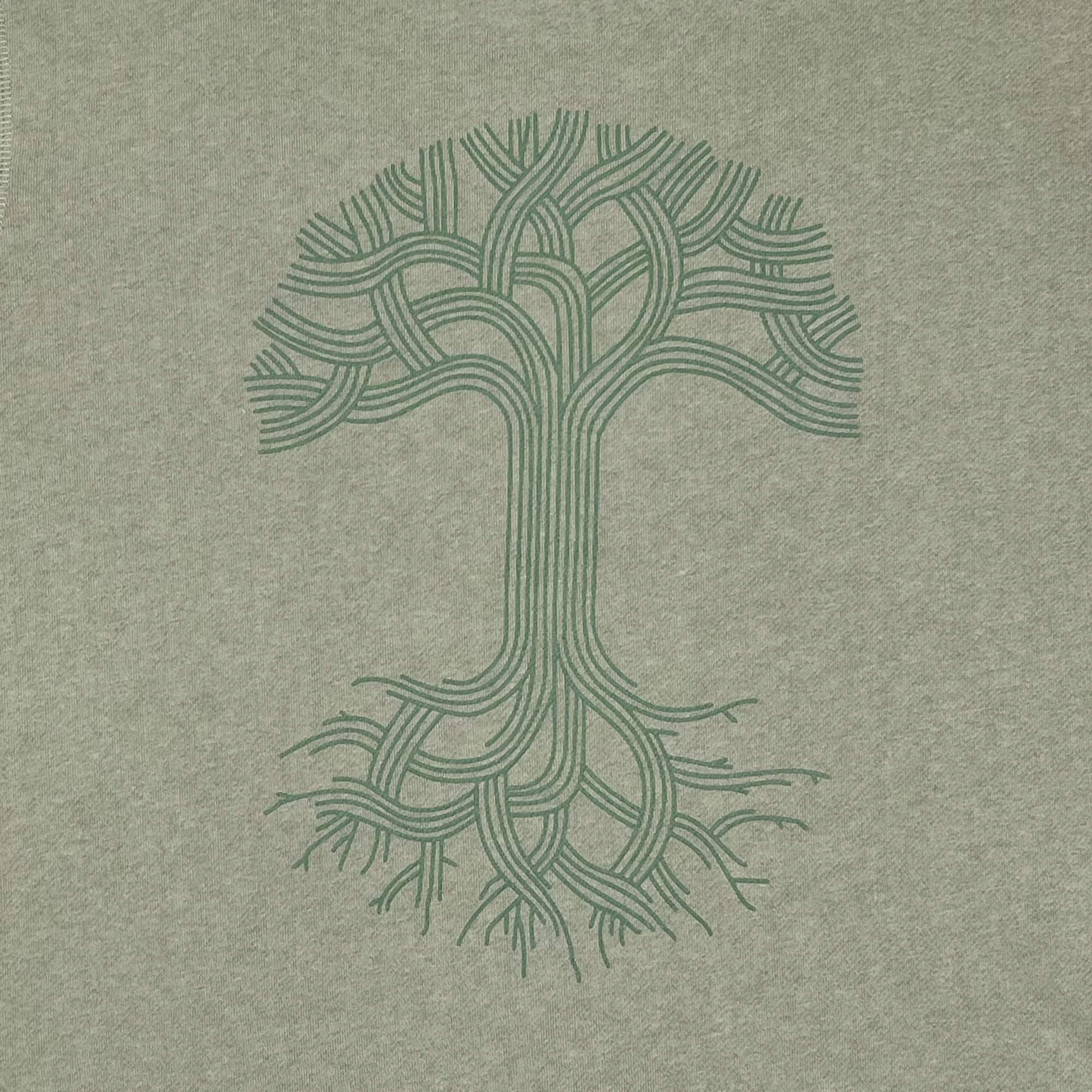 Detailed back view of Premium crewneck sweatshirt - Oaklandish tree logo, Eucalyptus.
