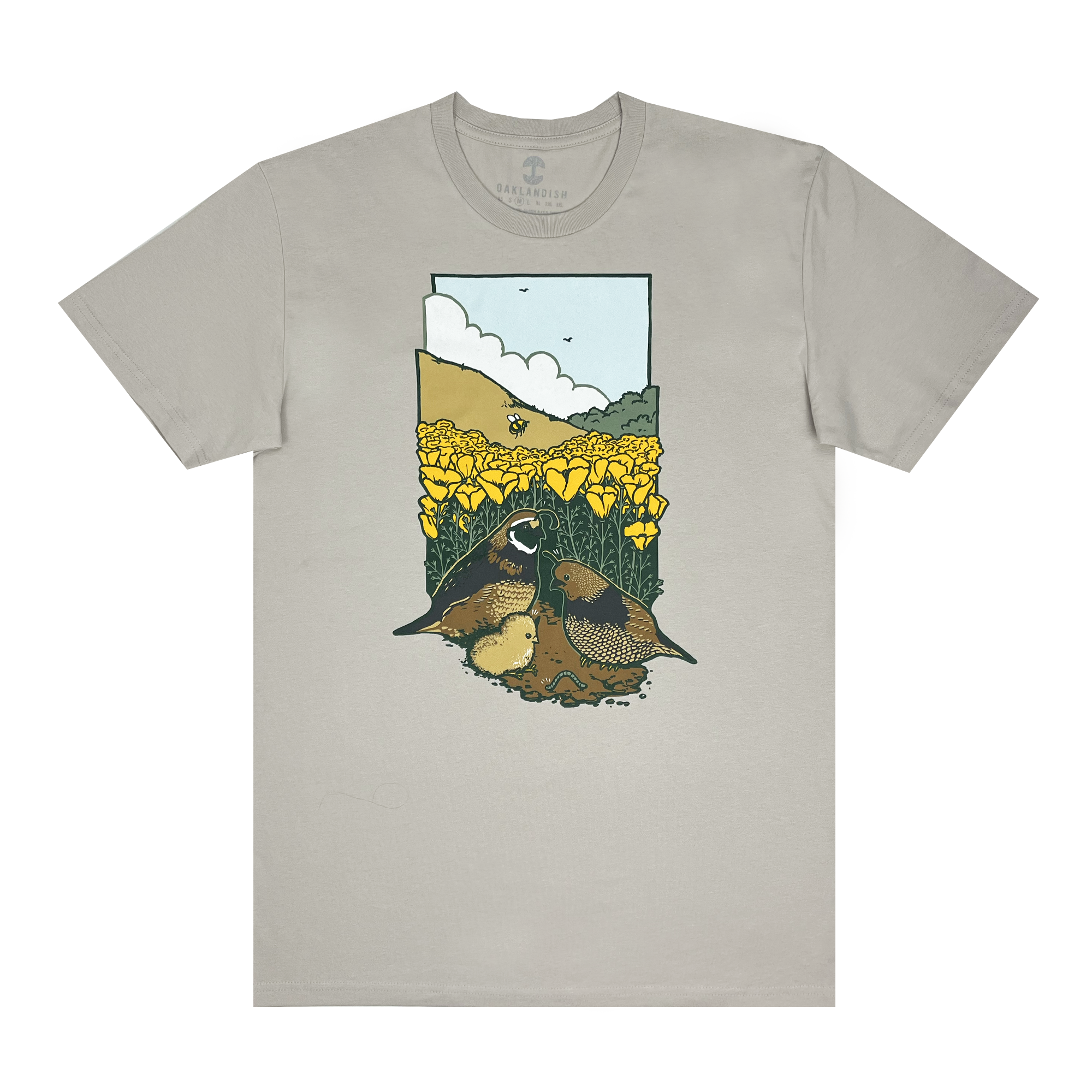 Front view of men's cotton t-shirt with quail family, bone.