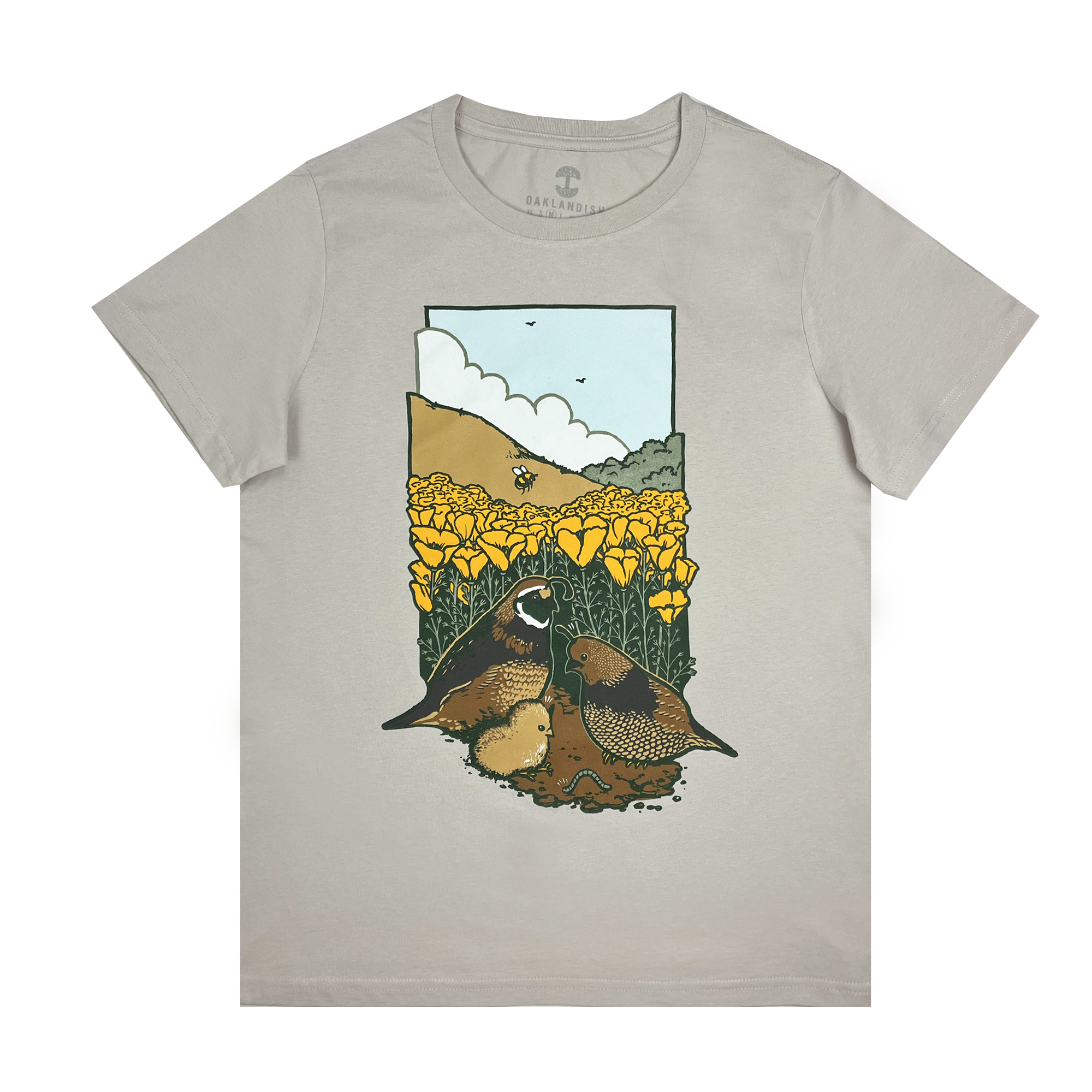 Front  view of women's cotton t-shirt with quail family, bone.