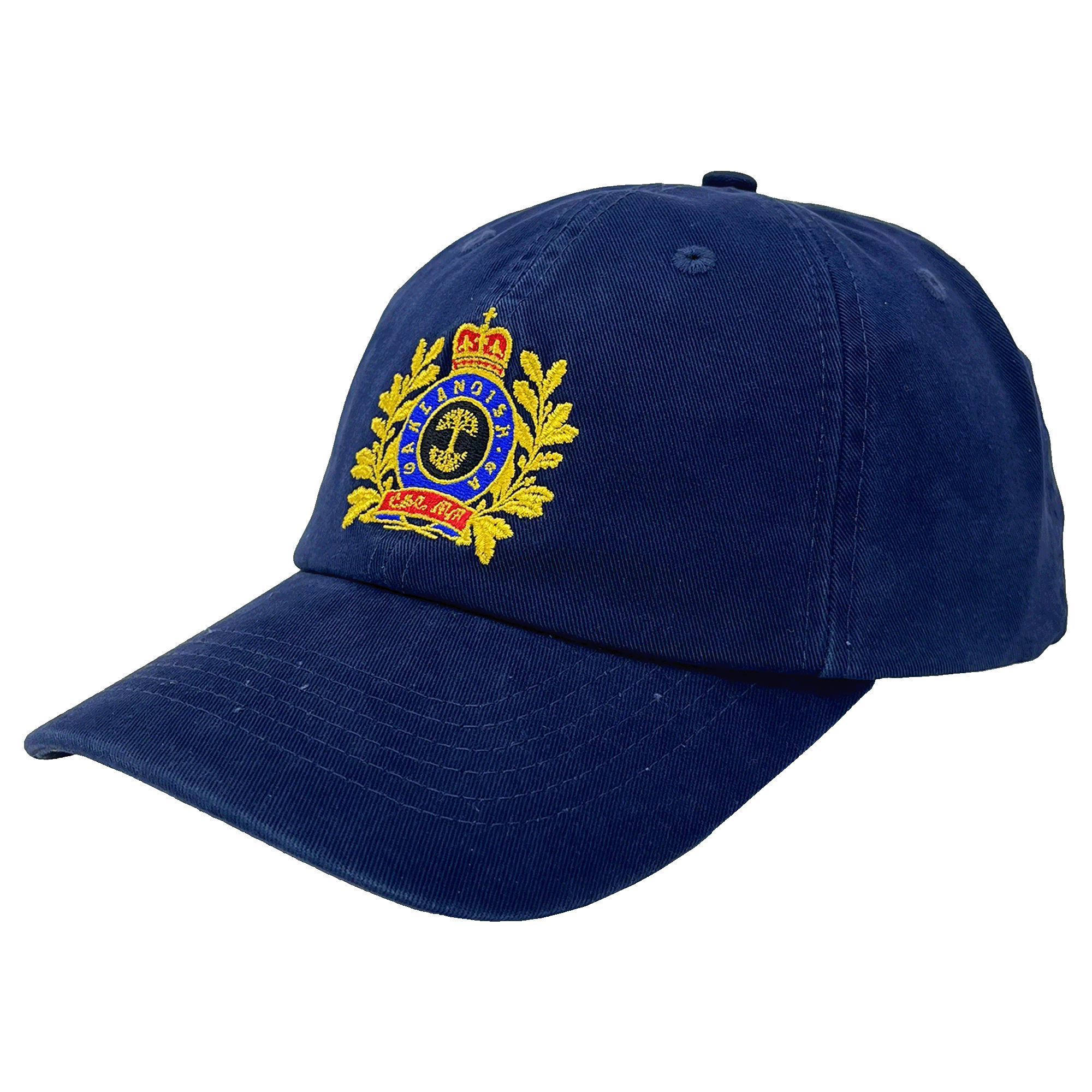 Side view of a navy blue dad cap with a prominent royalty-inspired embroidered Oaklandish patch on the crown.