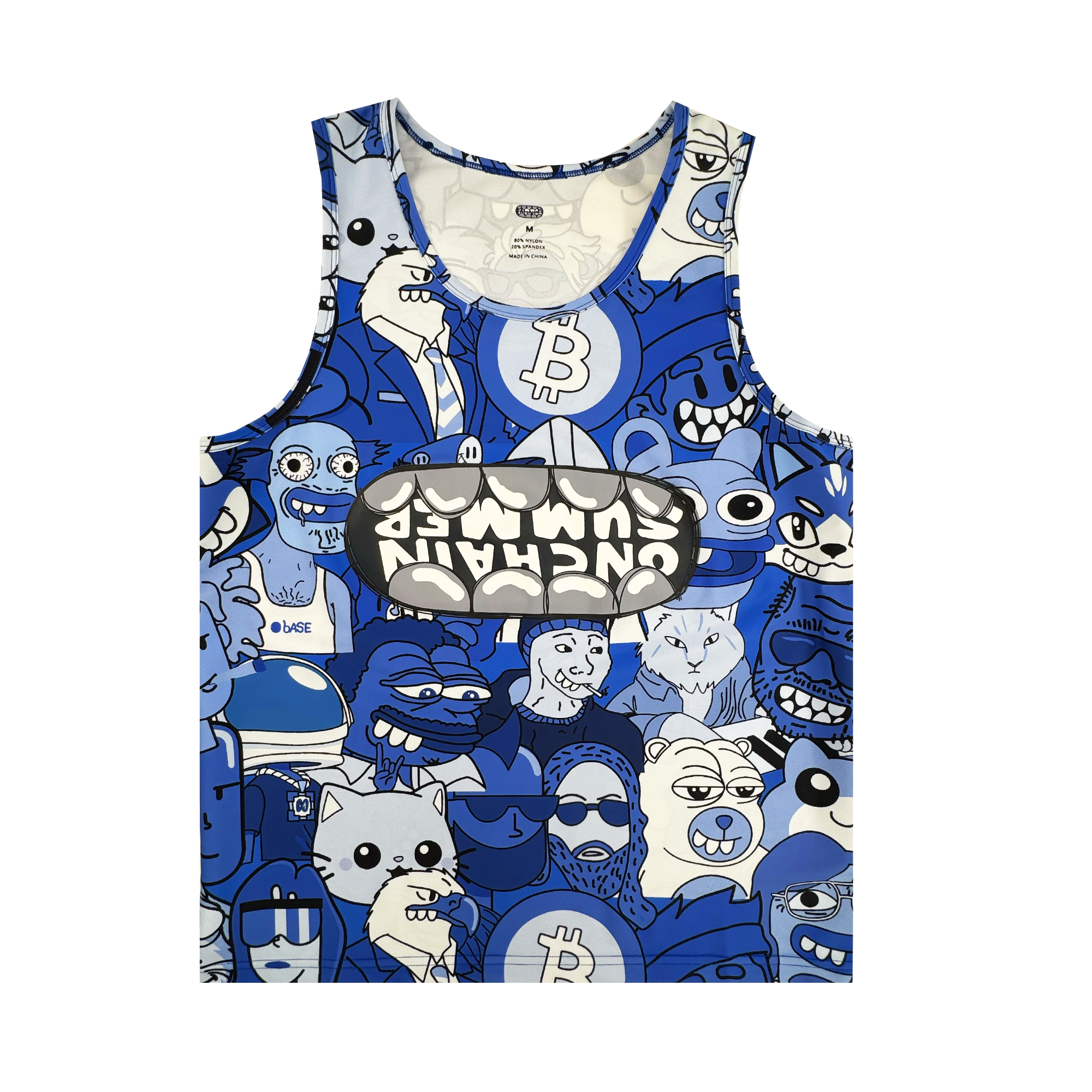 The OG Summer Tank by Supported Brands features bold blue and white tones with cartoon faces, animals, people, and Bitcoin logos. “UNCHAIN” stands out in the center—designed for unique style inspired by events like Onchain Summit.