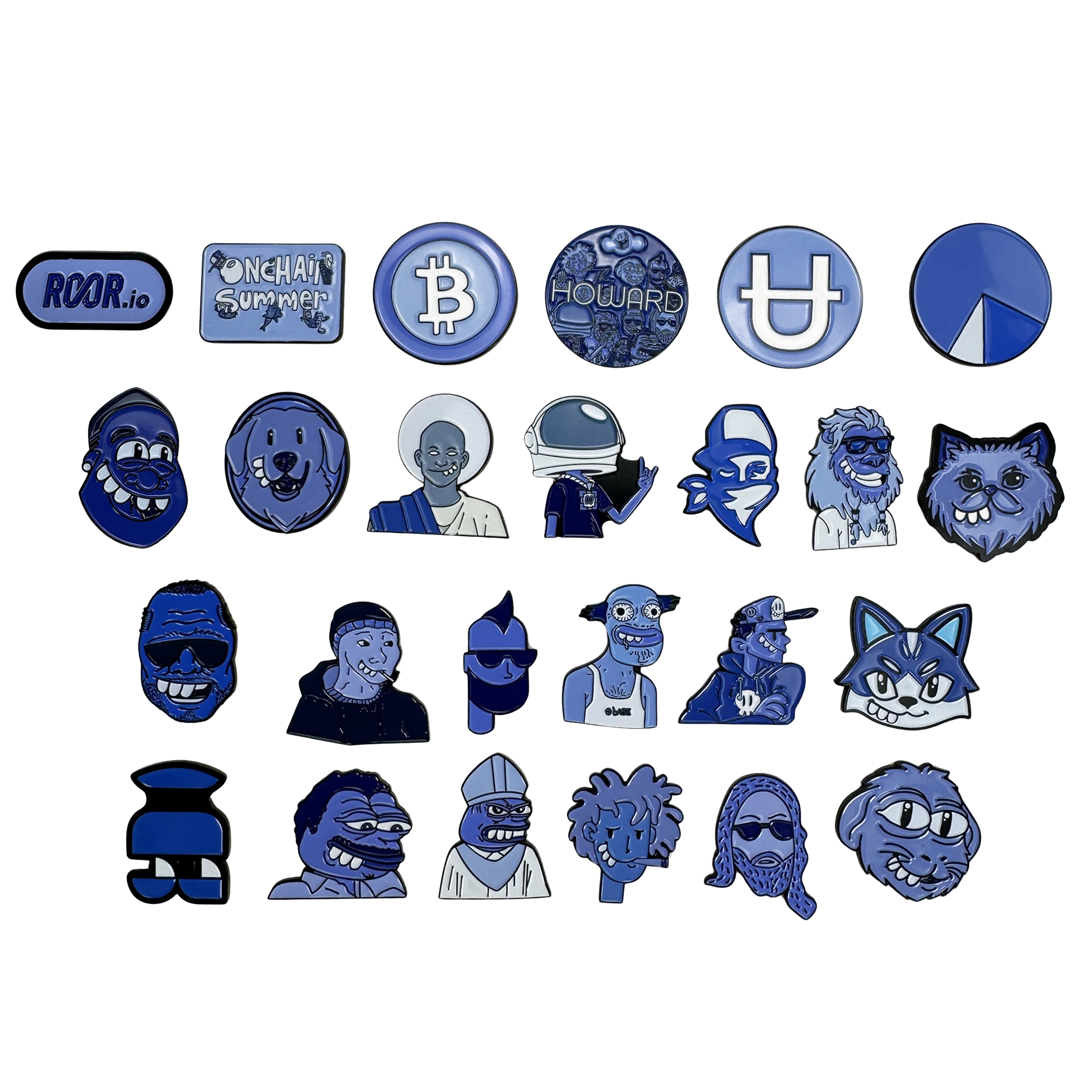 The OG Pin collection by Supported Brands includes 26 blue-hued enamel pins in four rows, showcasing playful faces, animals, logos, and symbols—ideal for commemorating the 2024 crew or Onchain Summit.